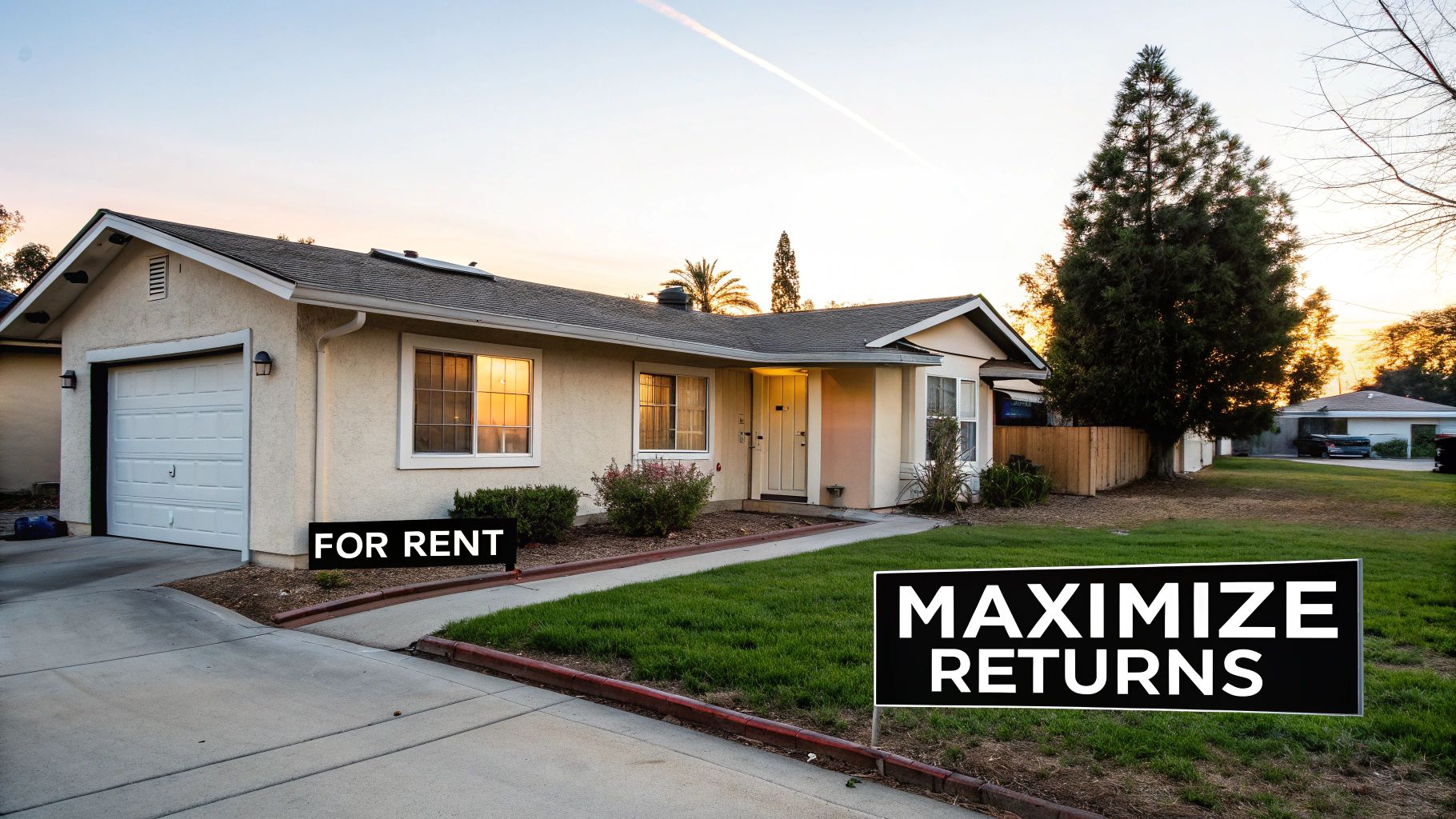 A single-story house with a 'FOR RENT' sign and a 'MAXIMIZE RETURNS' sign on the lawn at sunset.