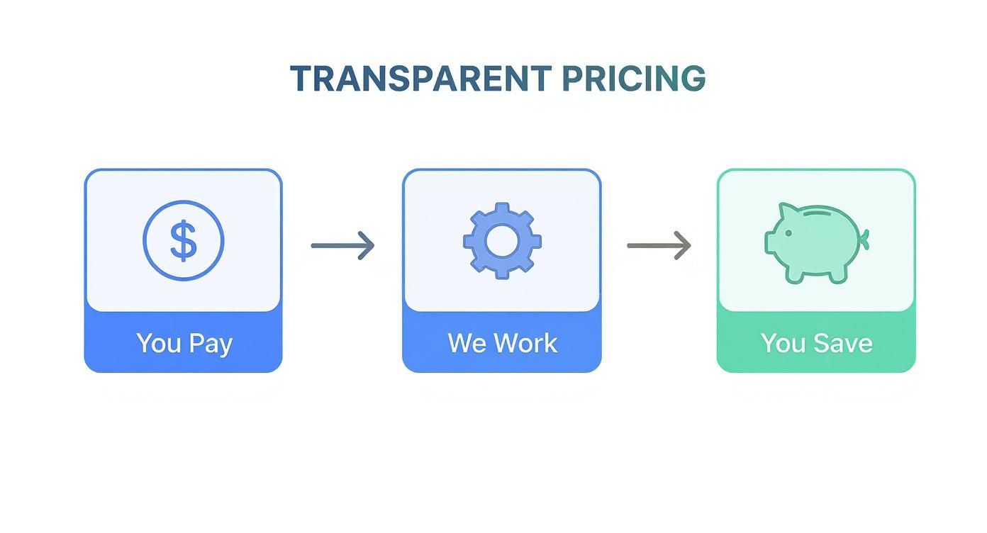 Infographic visualizing a simple three-step process: You Pay, We Work, You Save.