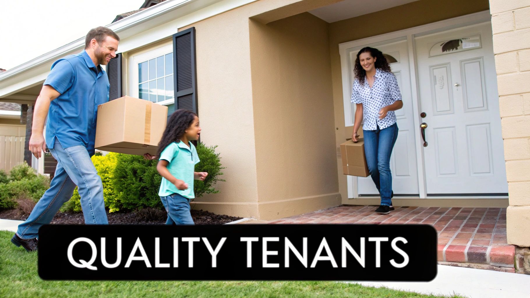 Happy family with moving boxes arriving at rental home as quality tenants