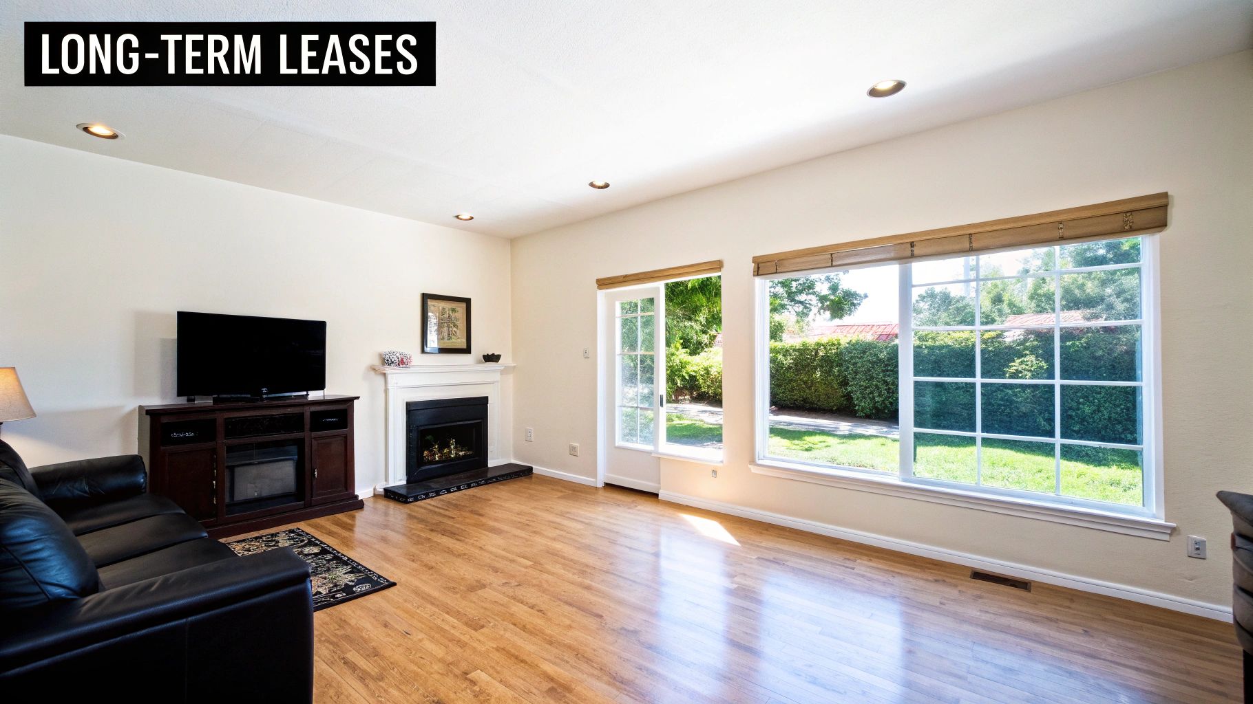 A spacious living room with wood floors, a fireplace, television, sofa, and large windows.