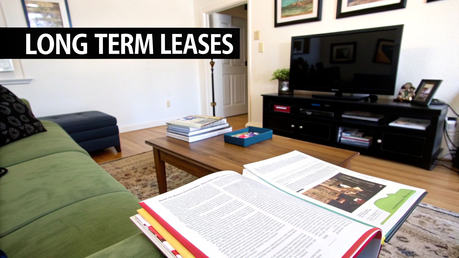 A comfortable living room with a green sofa, TV, coffee table, and 'LONG TERM LEASES' text.