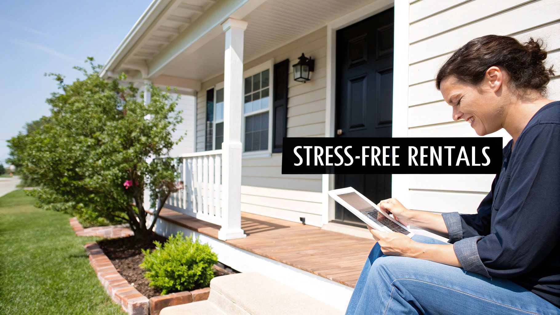 Professional property manager using tablet at rental home with stress-free rentals text overlay