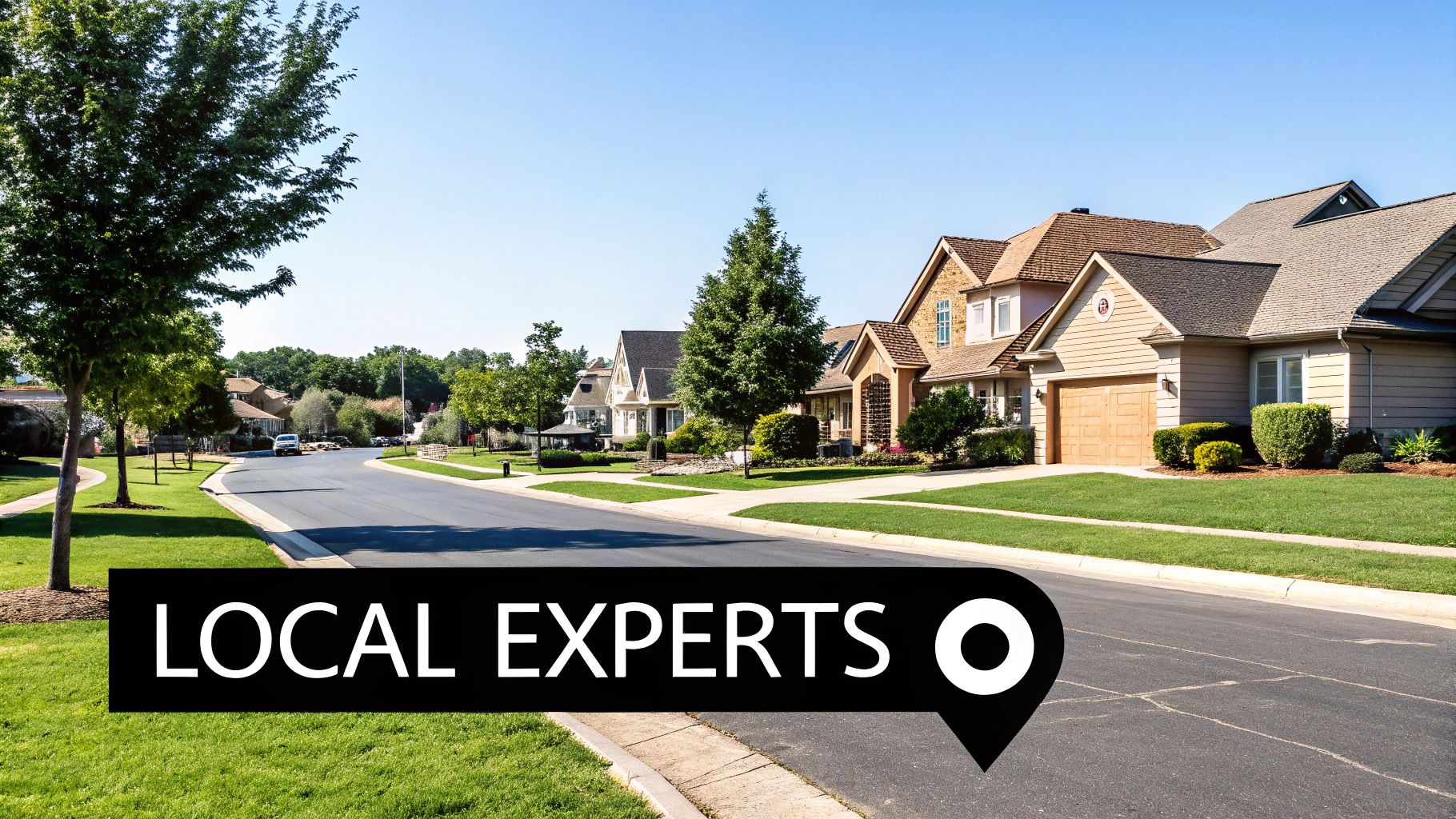 Quiet suburban street with well-maintained houses, green lawns, and trees, featuring a 'LOCAL EXPERTS' overlay.