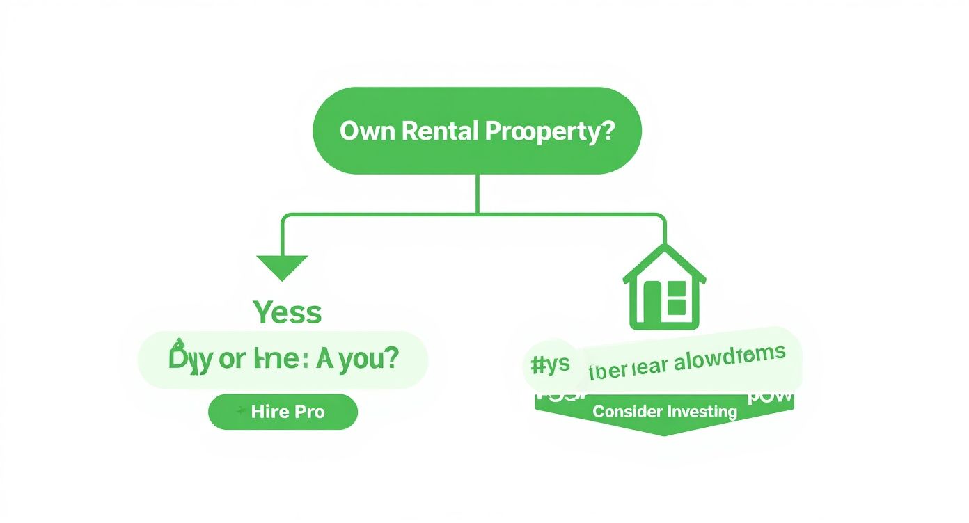 A flowchart asking about owning rental property, with options for DIY, hiring a pro, or investing.