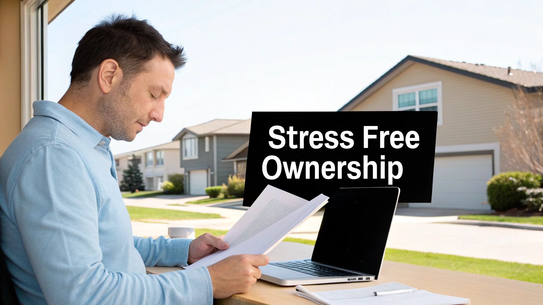 Man reviewing documents by a window, with a laptop and 'Stress Free Ownership' text in a suburban setting.