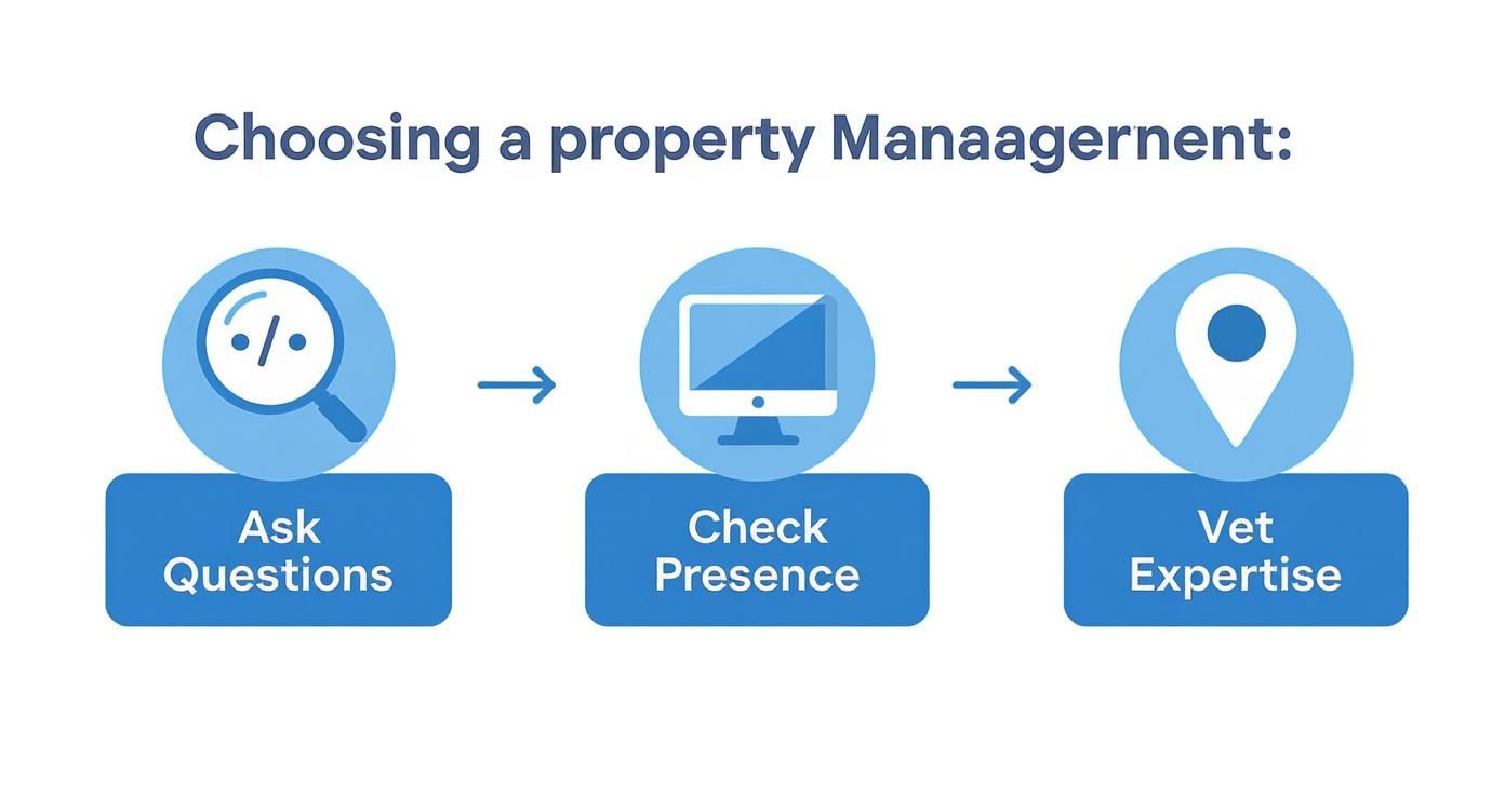 A flowchart illustrating three steps for choosing a property management company: Ask Questions, Check Presence, and Vet Expertise.