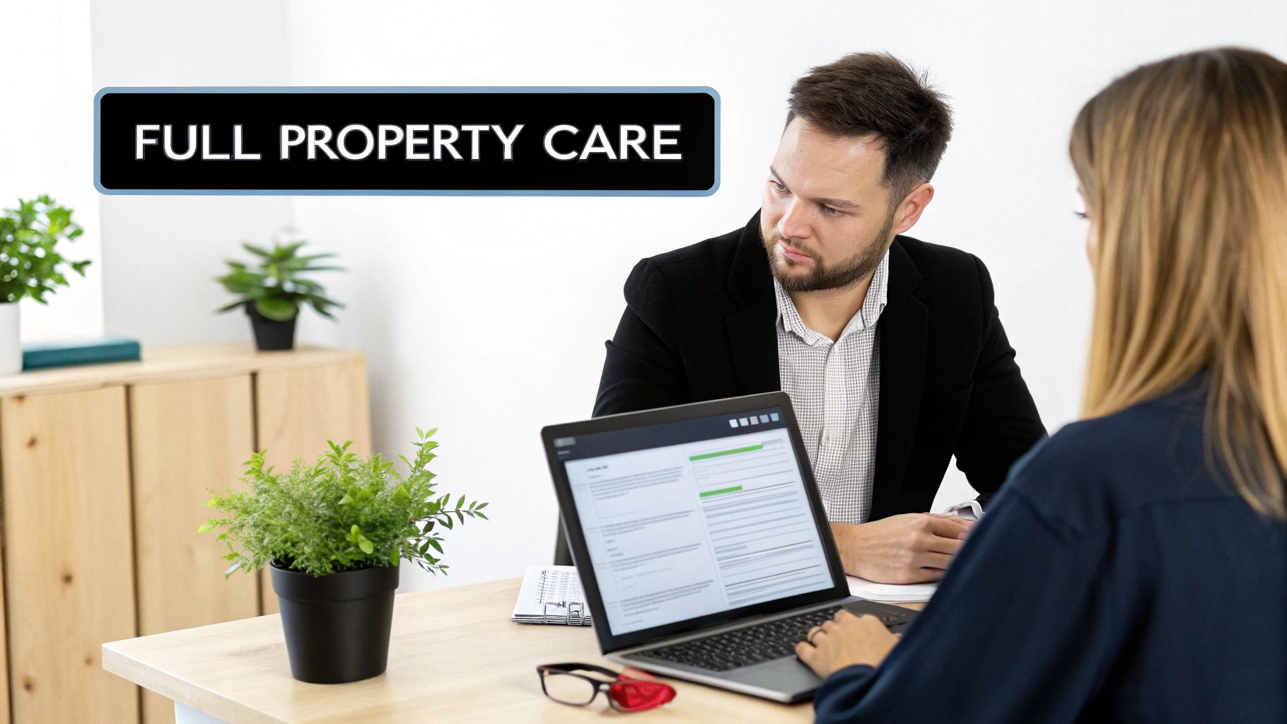 Two professionals discuss full property care services in an office setting with a laptop.