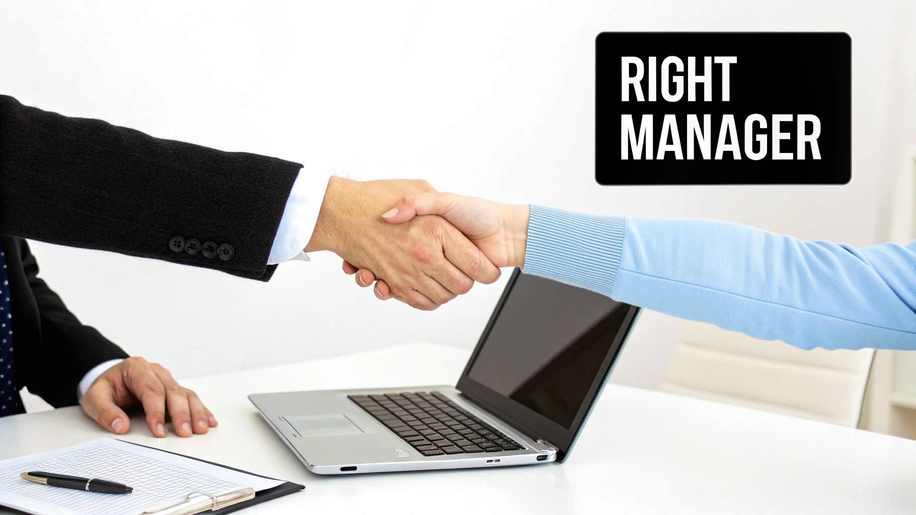 A professional property manager discussing a report with a property owner in an office setting.