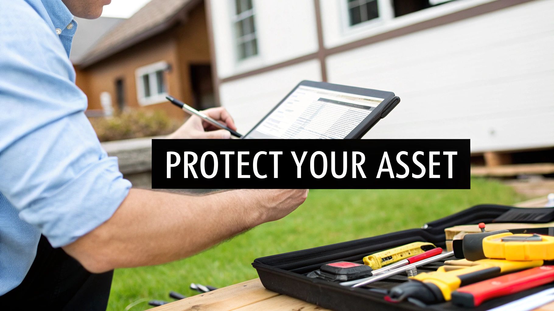Professional property inspector with tablet and tools conducting home maintenance assessment for real estate protection