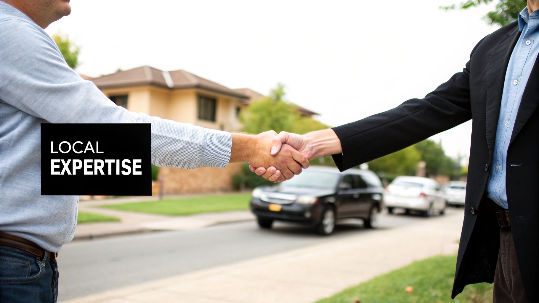 A friendly property manager shaking hands with a client in front of a well-kept home in Beaumont.