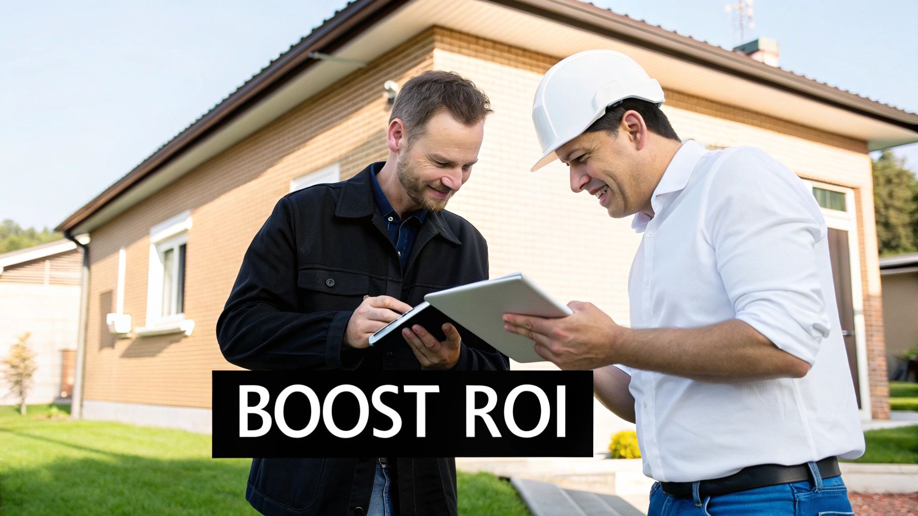 Two smiling men, one in a hard hat, reviewing a tablet and notebook outdoors for property management.