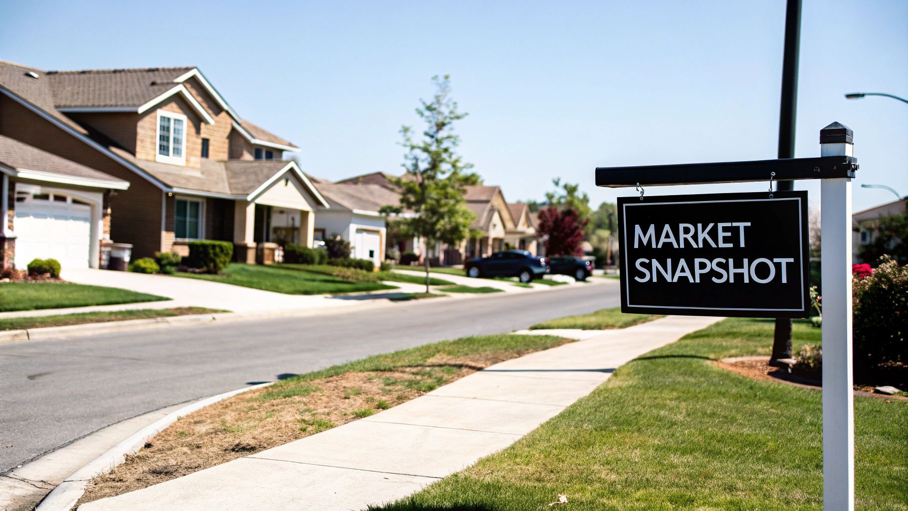 A prominent 'MARKET SNAPSHOT' sign stands on a sunny suburban street with houses and green lawns.