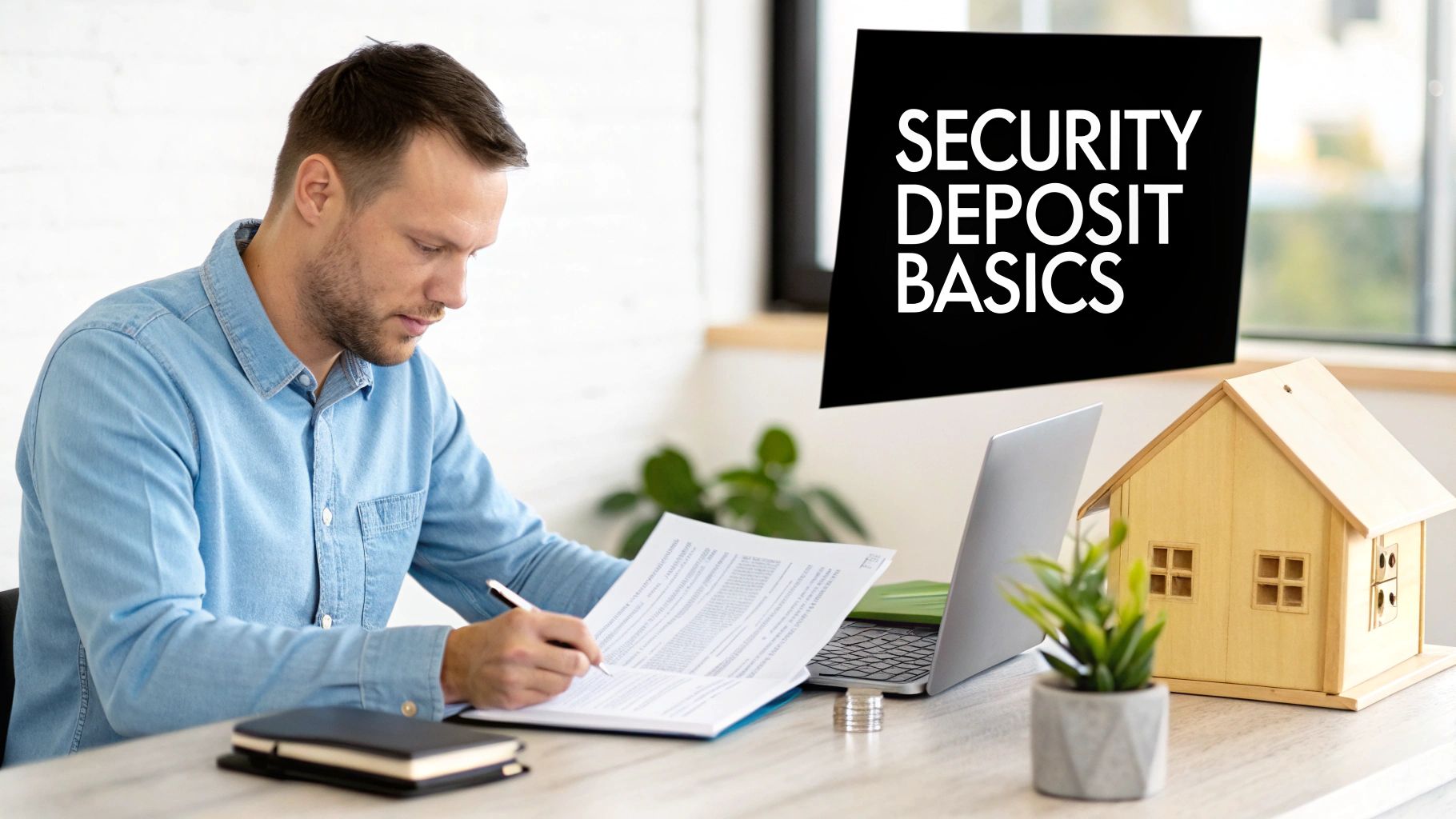 A person signing a rental agreement document with keys on the table.