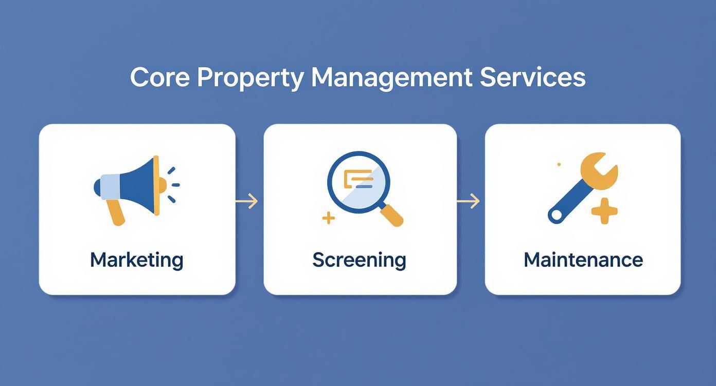 A visual representation of core property management services: marketing, screening, and maintenance.