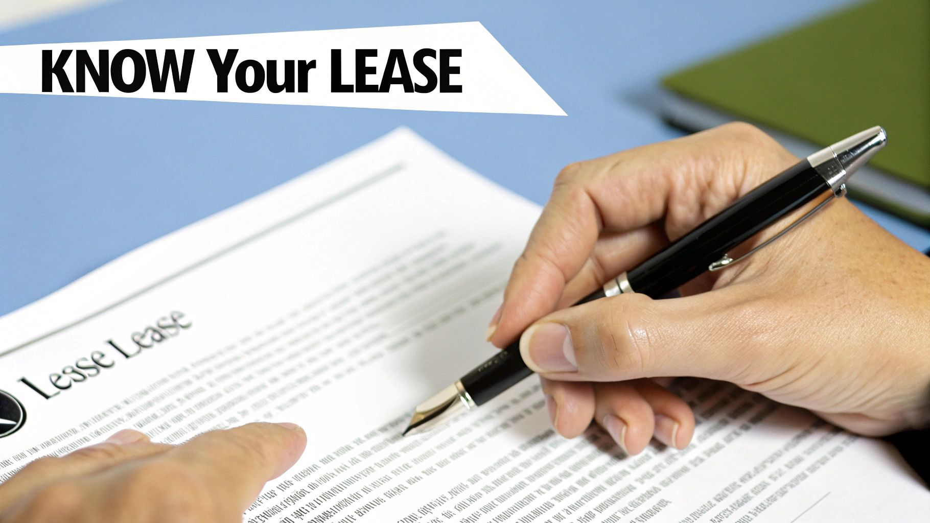 A person carefully reviewing a lease agreement document with a pen in hand.