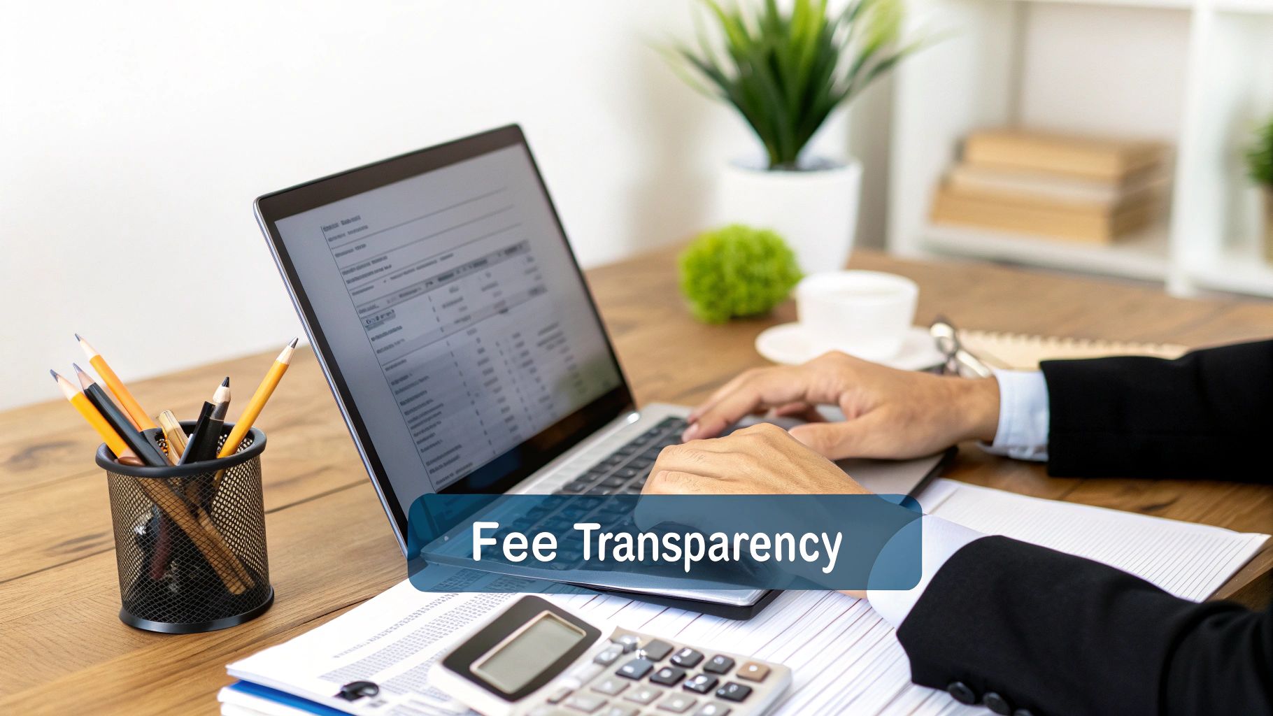 Calculator and house keys on a wooden table, representing property management fees