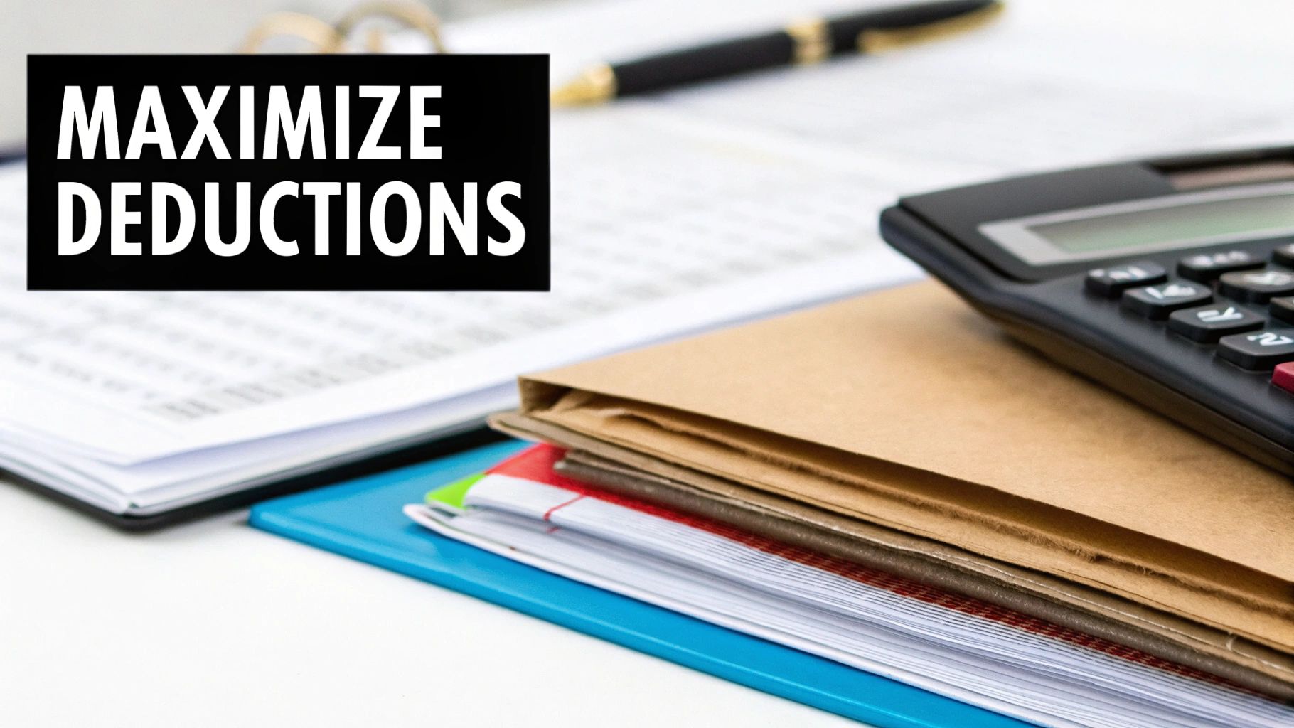 A person using a calculator with financial documents and a laptop in the background.