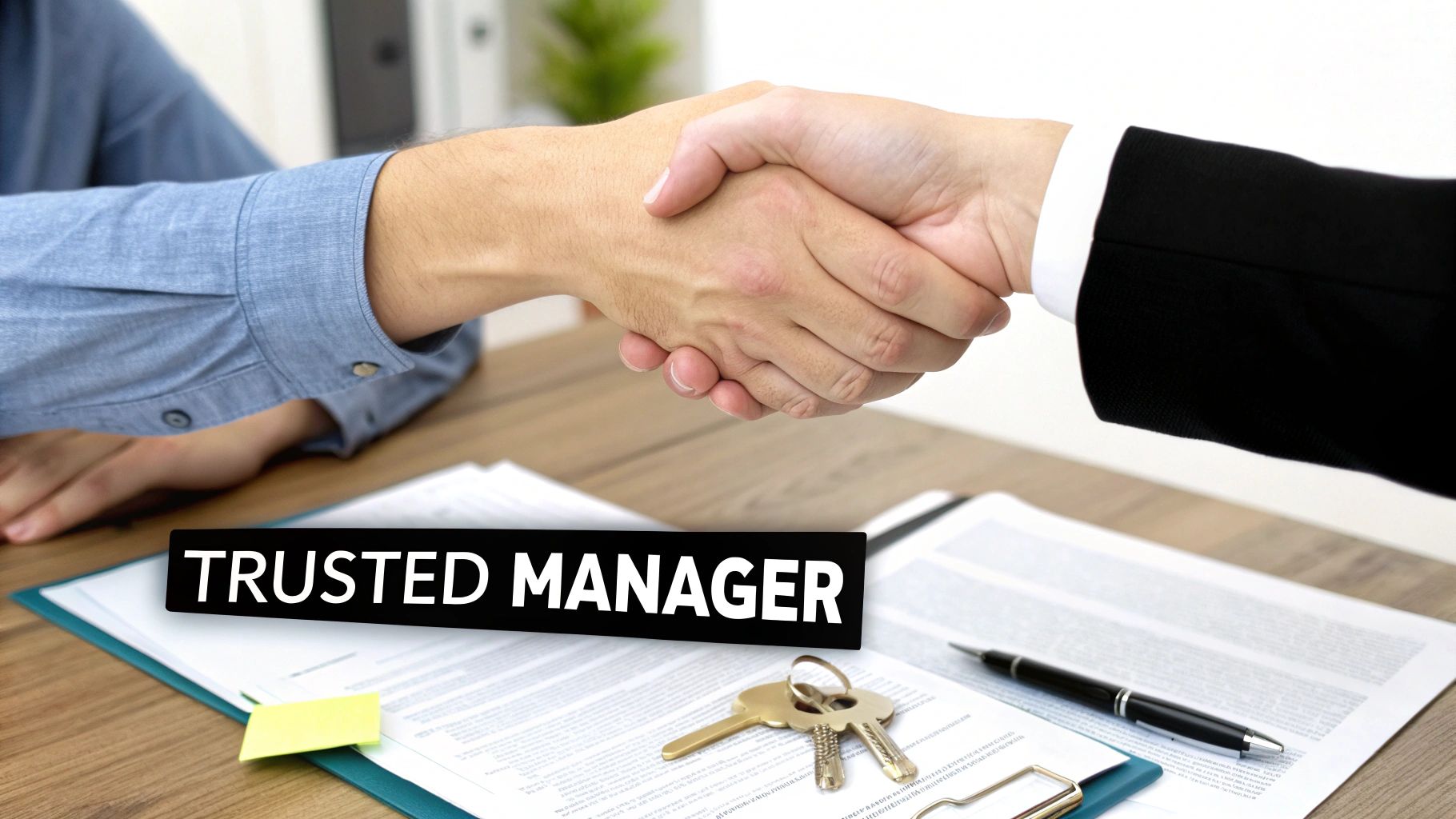 Two professionals shaking hands over contract documents with keys, representing trusted property manager agreement