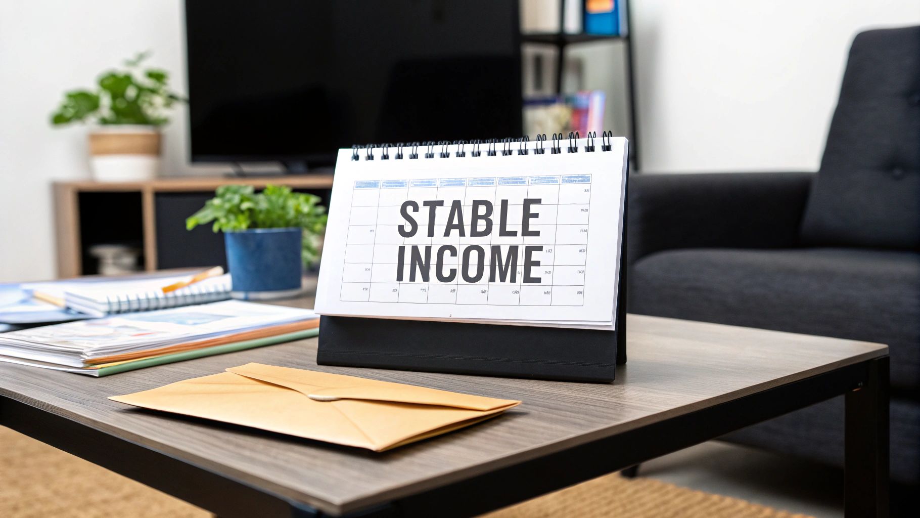 Stable income desk calendar with office supplies representing consistent property management revenue