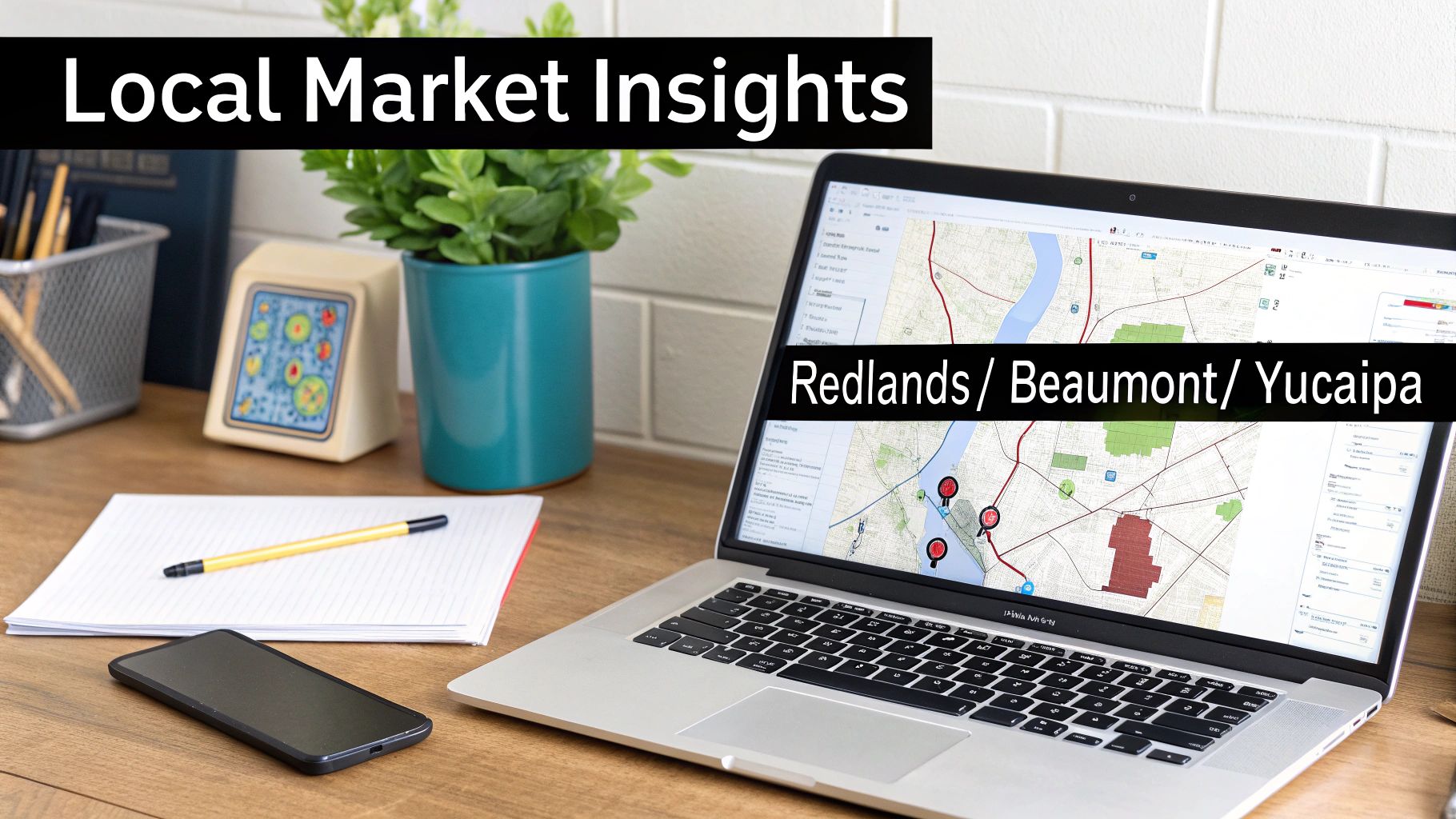 Laptop displaying map of Redlands Beaumont Yucaipa area for local property market analysis and research