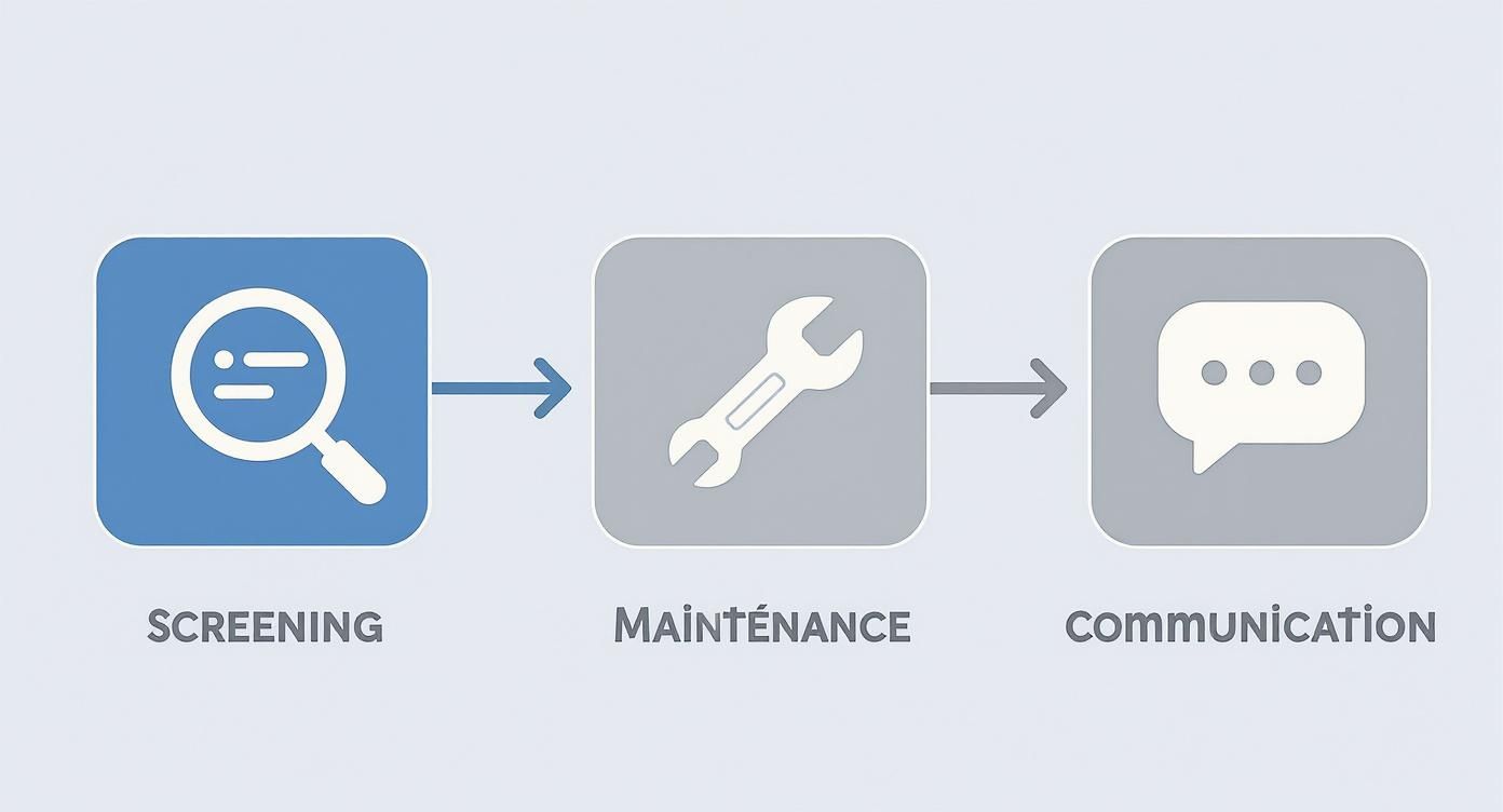 A diagram showing a three-step process: Screening, Maintenance, and Communication, linked by arrows.