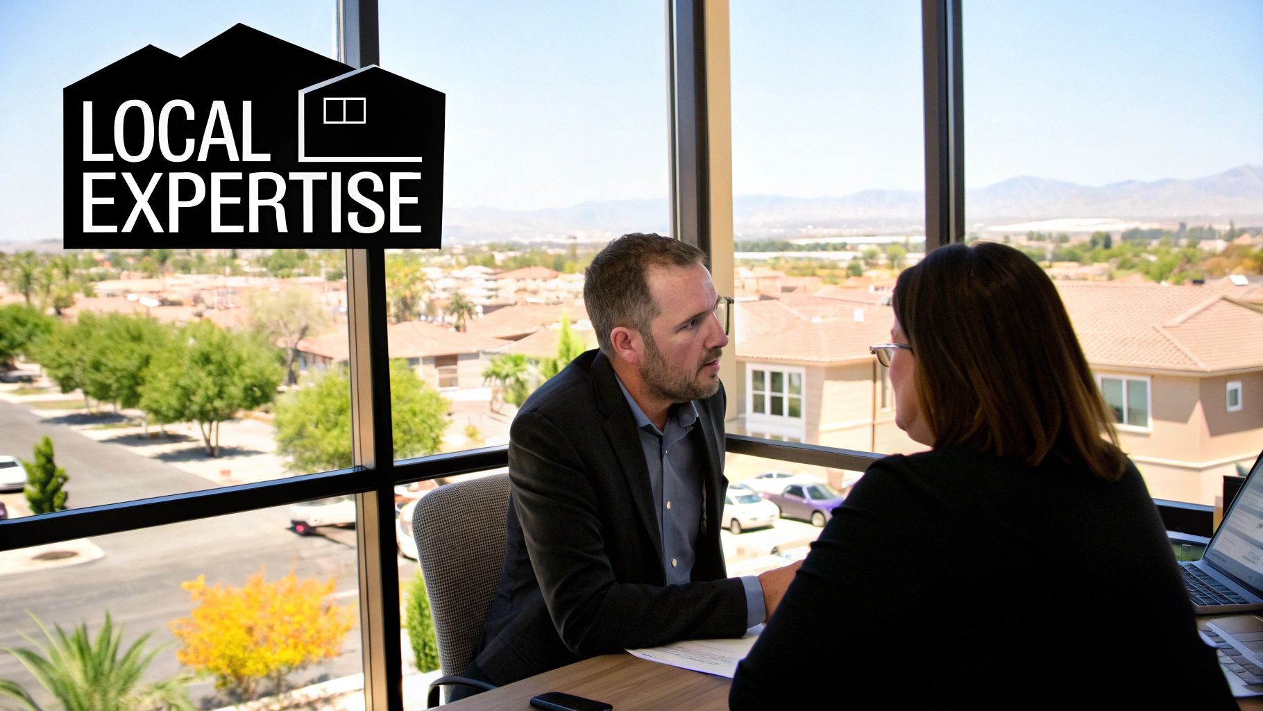 Real estate professional consulting with client about property management services in modern office