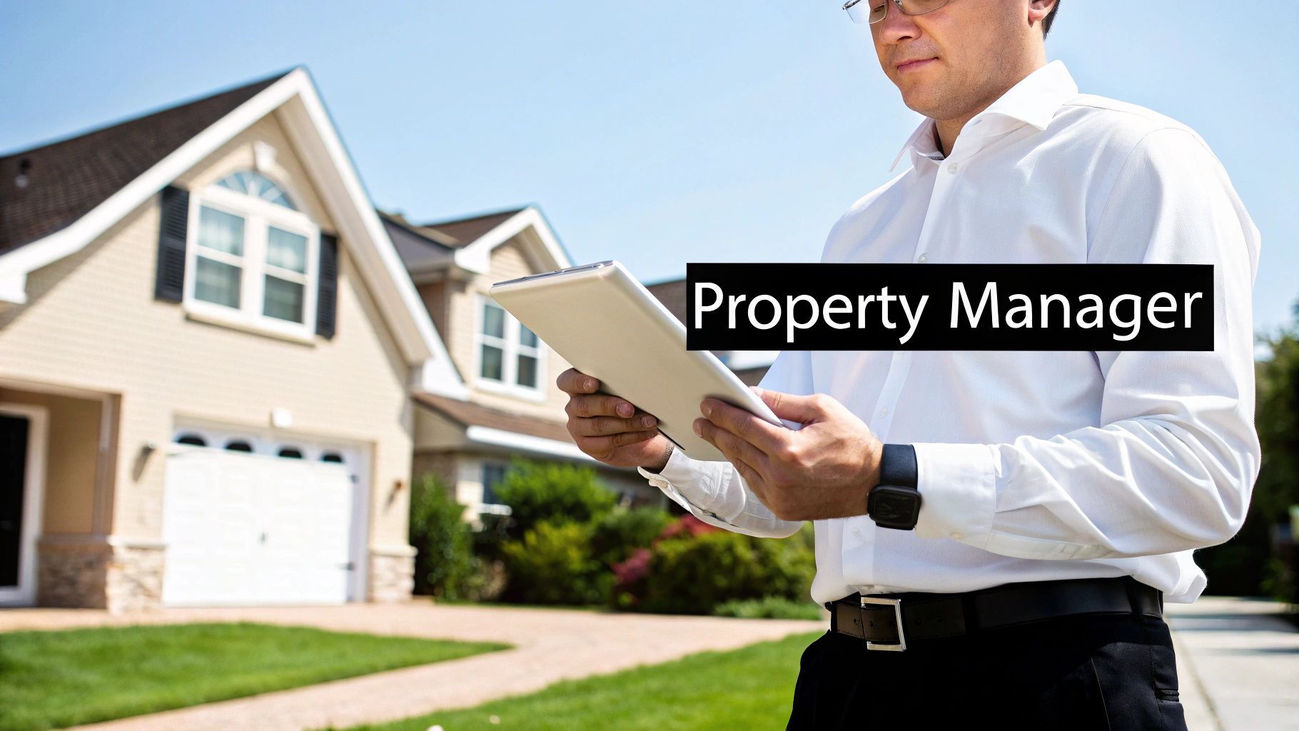 A property manager handing keys to a new tenant in front of a new tenant in front of a modern house