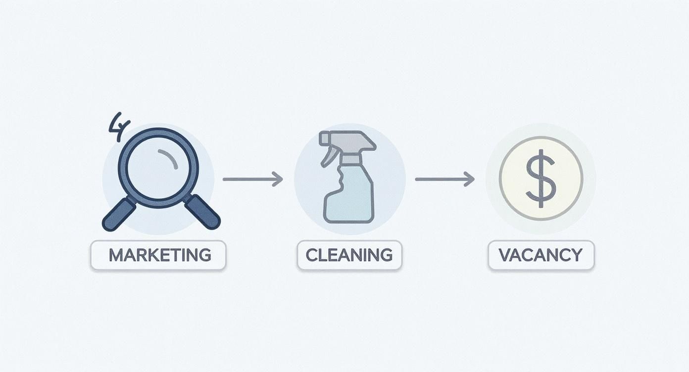 Diagram showing a three-step property management process: marketing, cleaning, and achieving vacancy.