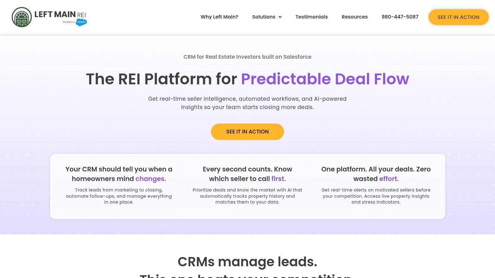 Left Main REI CRM dashboard showcasing deal pipelines and investor-focused KPIs.