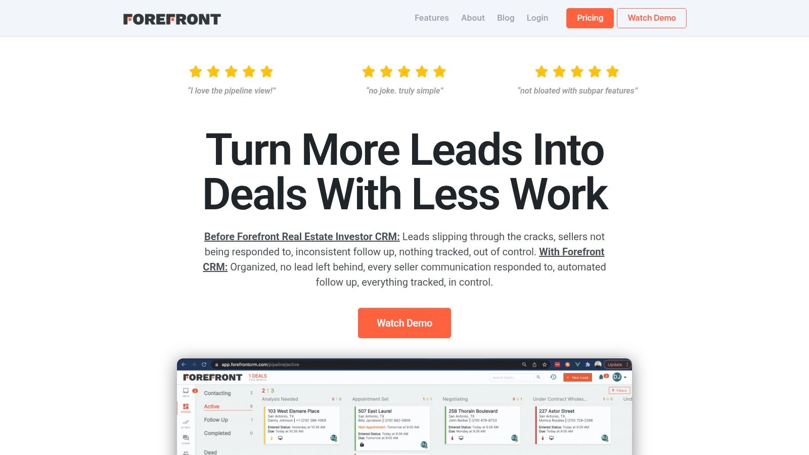Forefront CRM dashboard showing a visual sales pipeline for real estate investors.