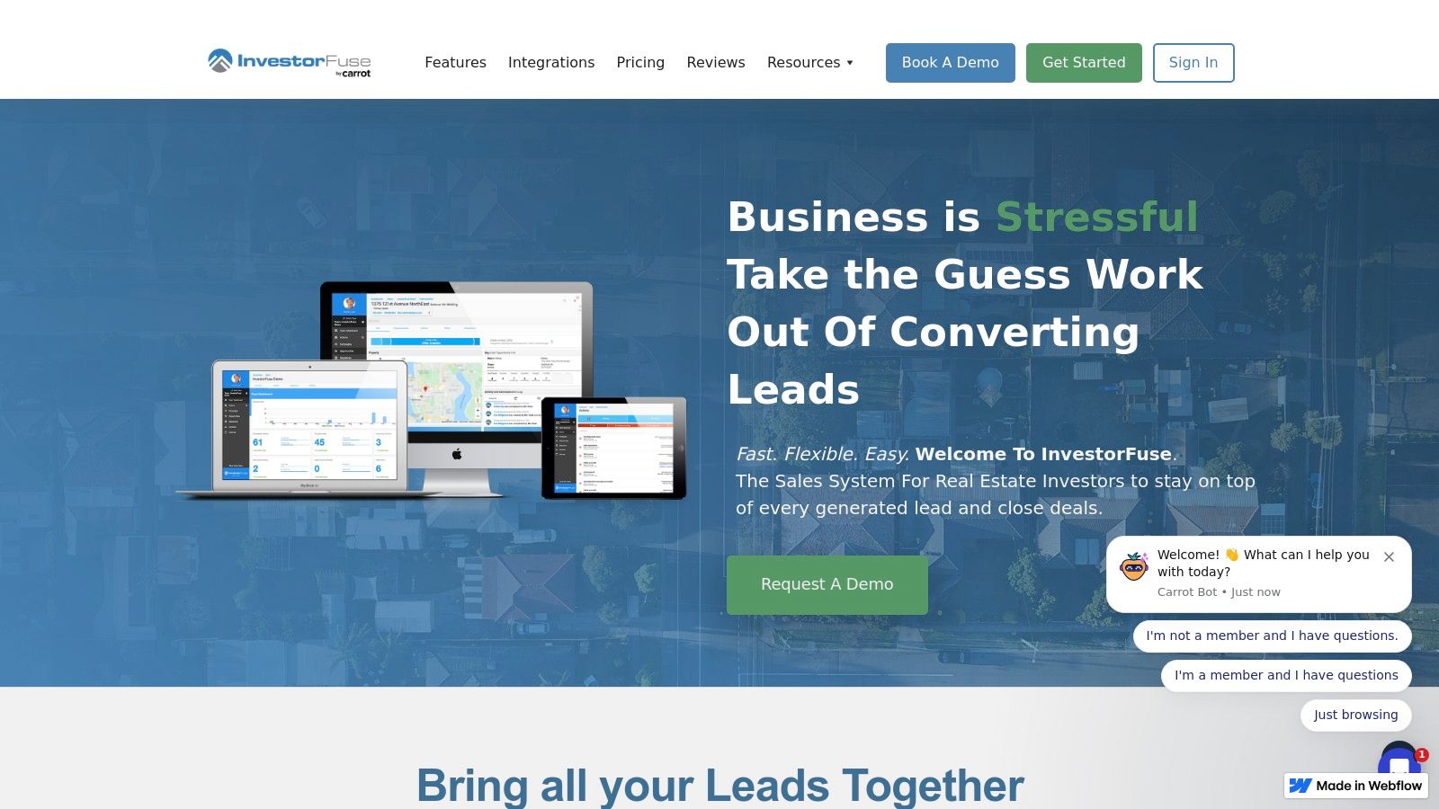 InvestorFuse CRM dashboard showing team scorecards and lead management pipelines.