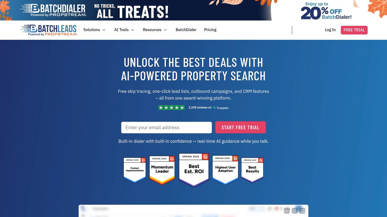 BatchLeads CRM dashboard showing property lists and lead management features.