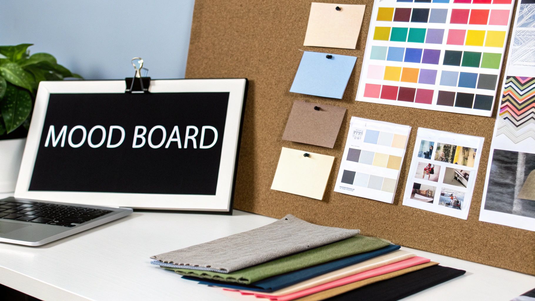 A detailed mood board showcasing fabric swatches, paint chips, wood samples, and inspirational interior images, all arranged cohesively on a white background.