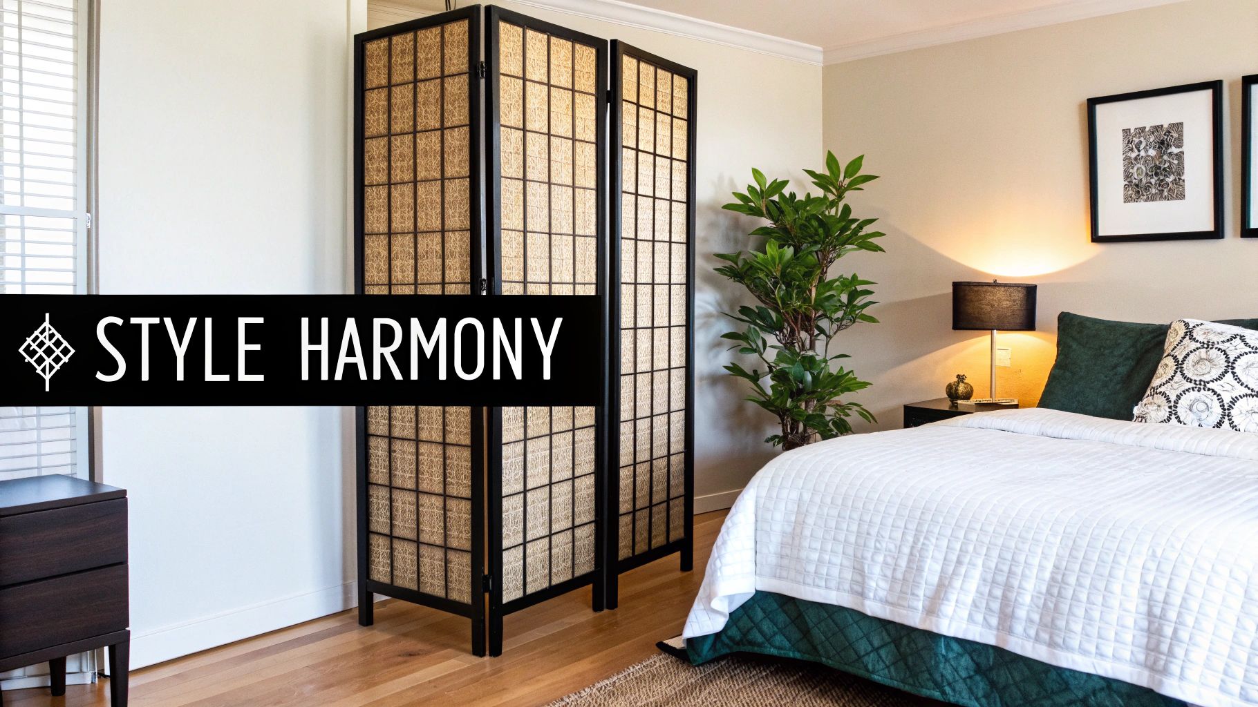 A beautifully styled room featuring a folding screen room divider creating a cosy nook.