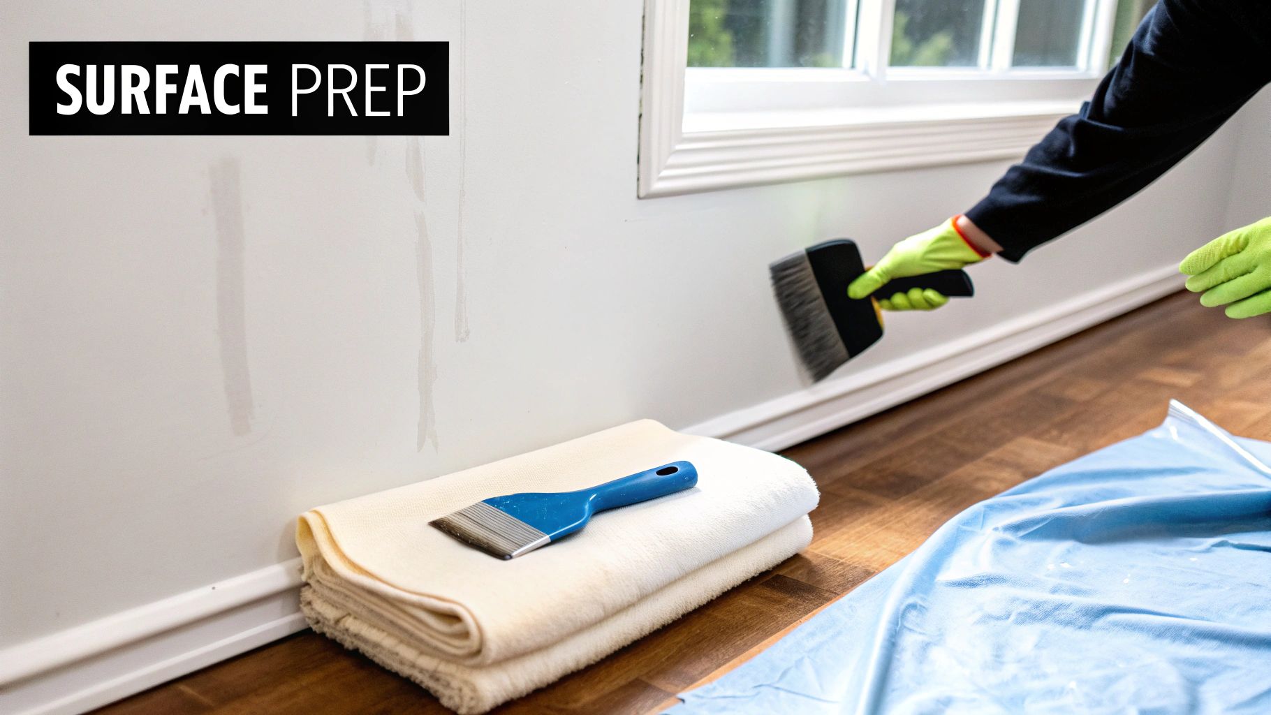 Woman applying removable wallpaper
