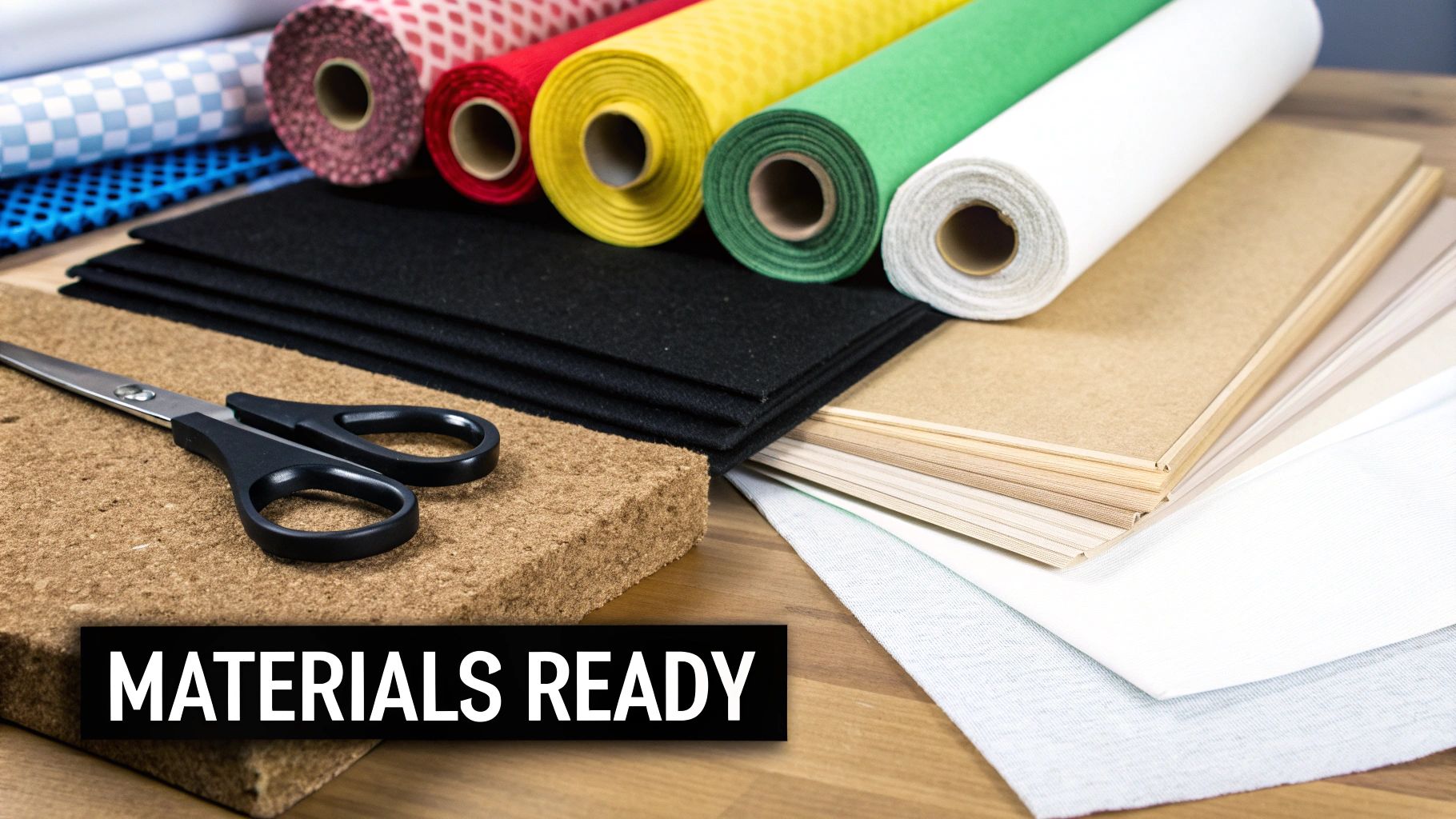 A neatly organized workspace with fabric swatches, measuring tape, scissors, and a notebook, suggesting careful planning for a DIY headboard project.