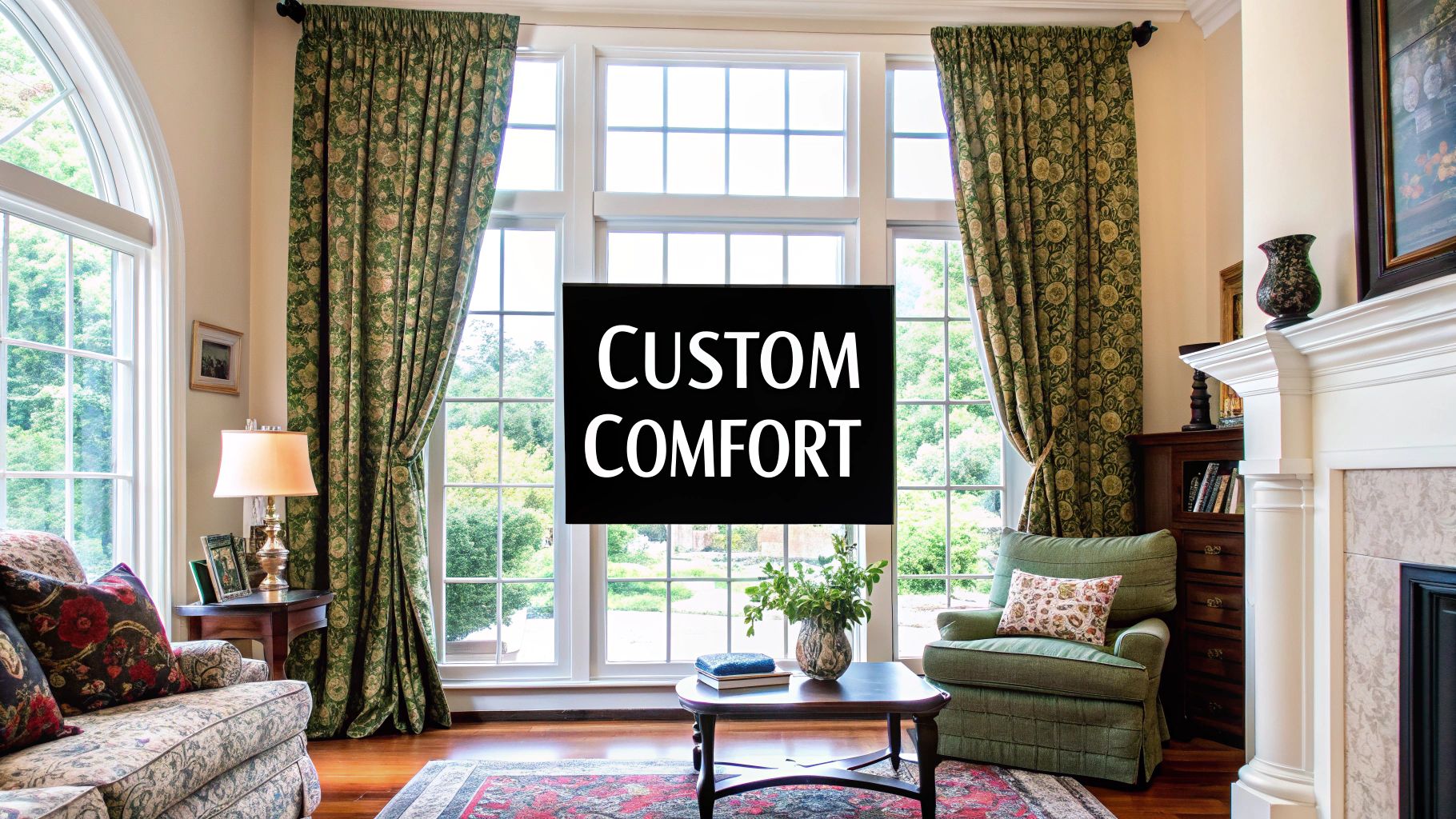 A bright living room with large windows dressed in sheer, custom-made white curtains that drape perfectly to the floor.