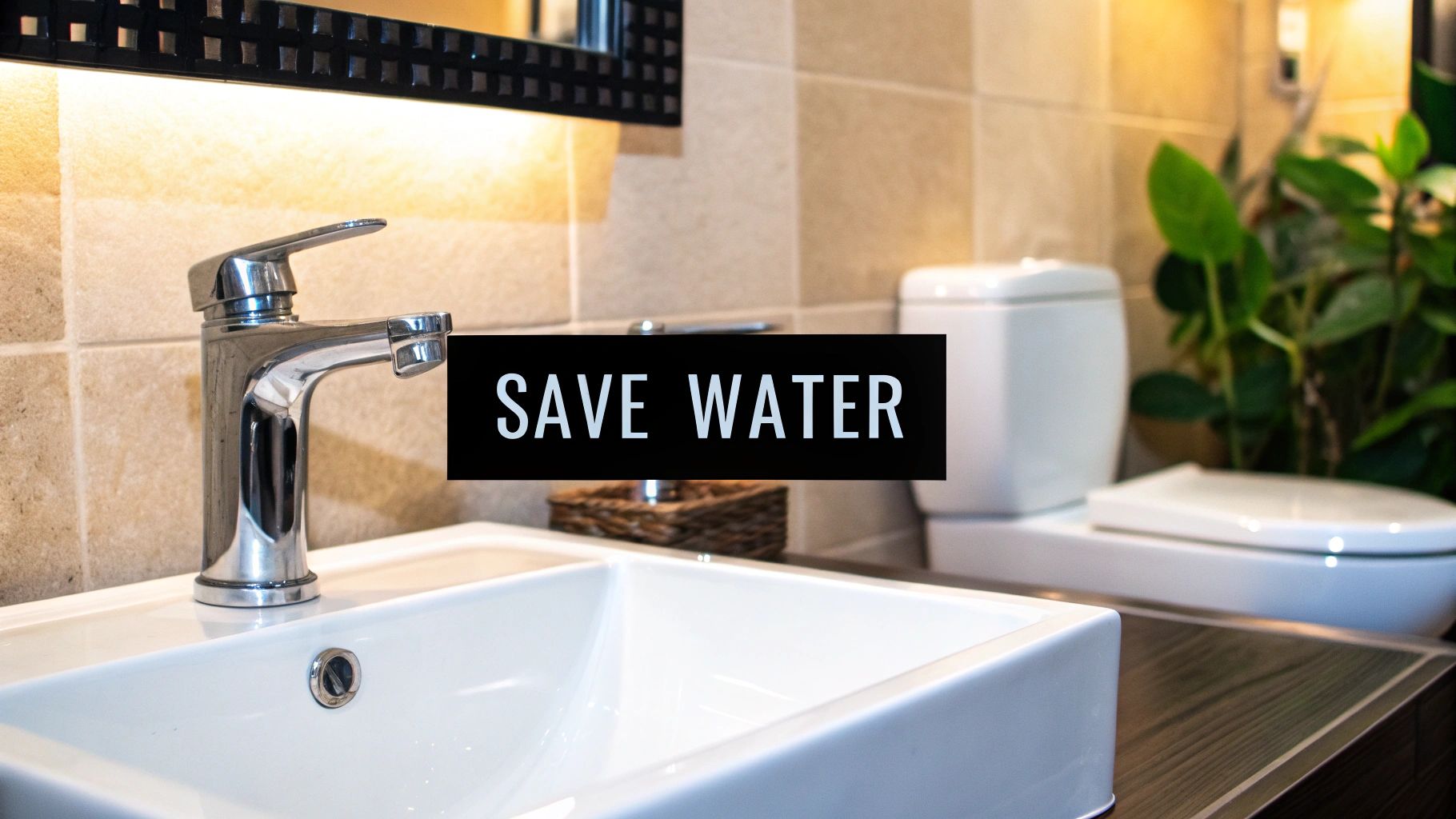 Infographic showing key data about Water-Efficient Fixtures and Systems, with a water droplet icon for '30–40% Water Savings', a WELS label icon for 'Performance Guaranteed', and a coin-stack icon for '1–3 Year Payback Period'.