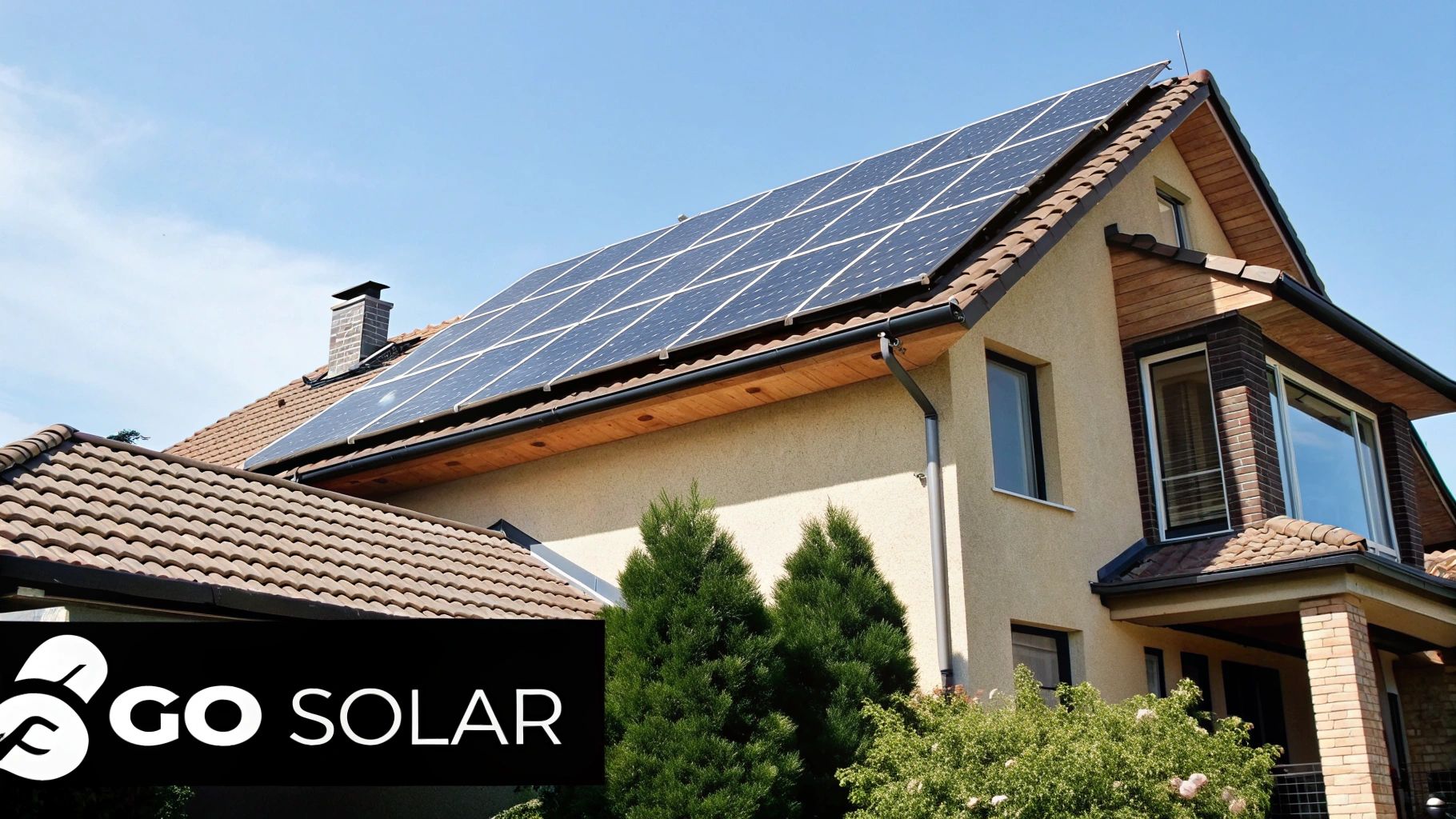 A modern home with solar panels installed on the roof, under a clear blue sky.