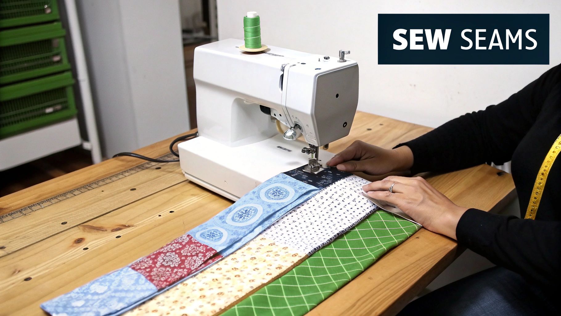 A well-organised sewing station with a sewing machine, fabrics, and threads.
