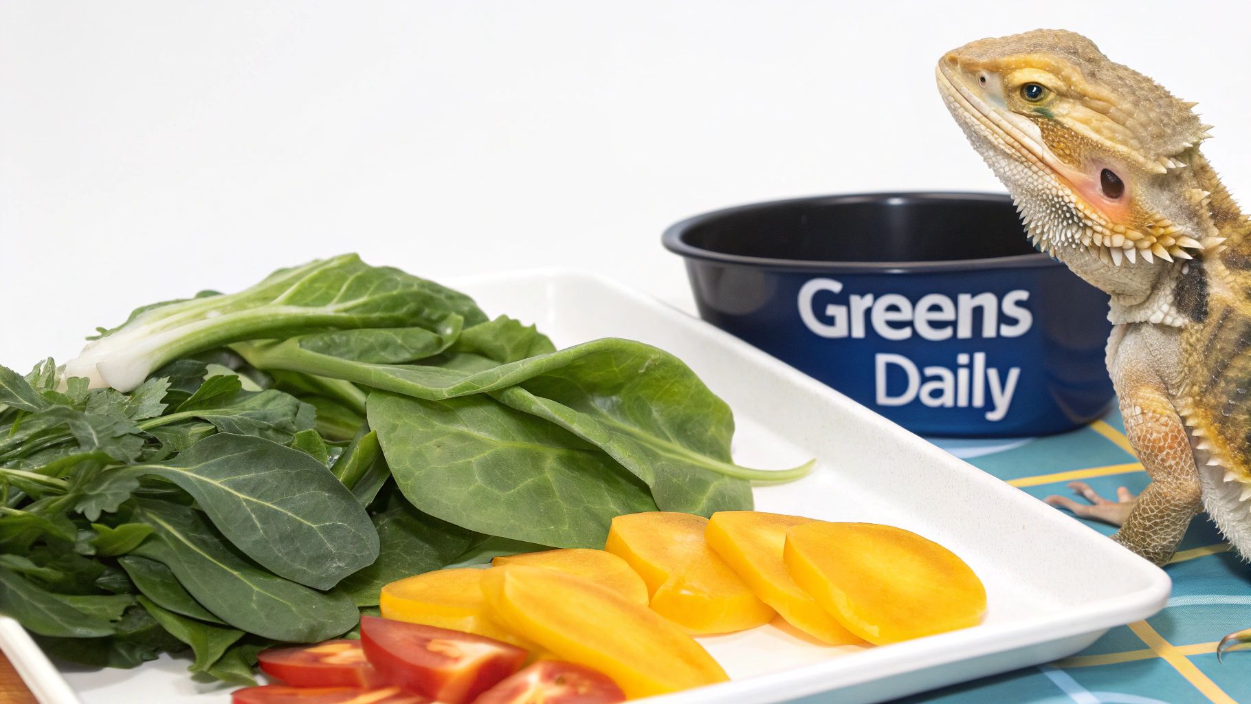 Bearded dragon with fresh leafy greens and sliced yellow squash on plate beside feeding bowl