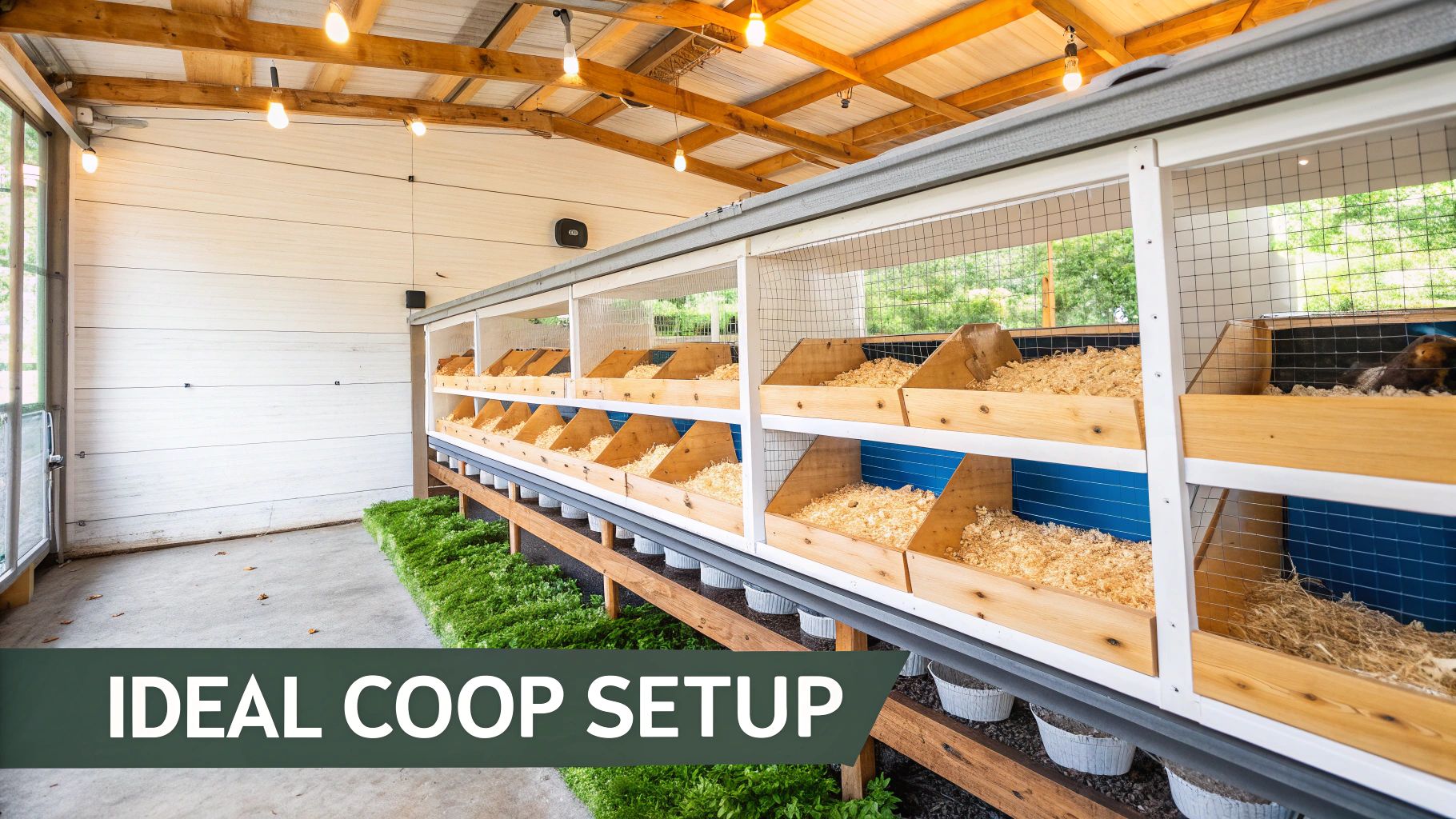 A clean and well-maintained chicken coop with fresh bedding and happy hens