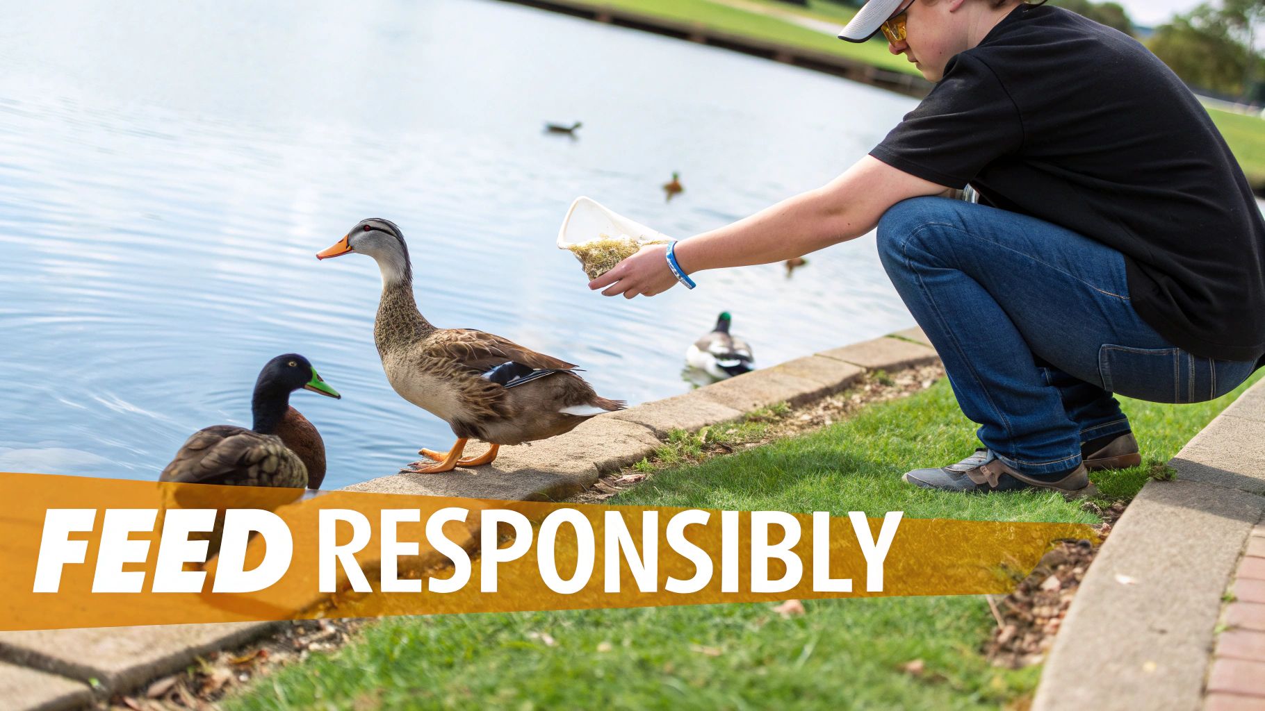 A hand extends to feed a duck on a grassy bank beside a body of water