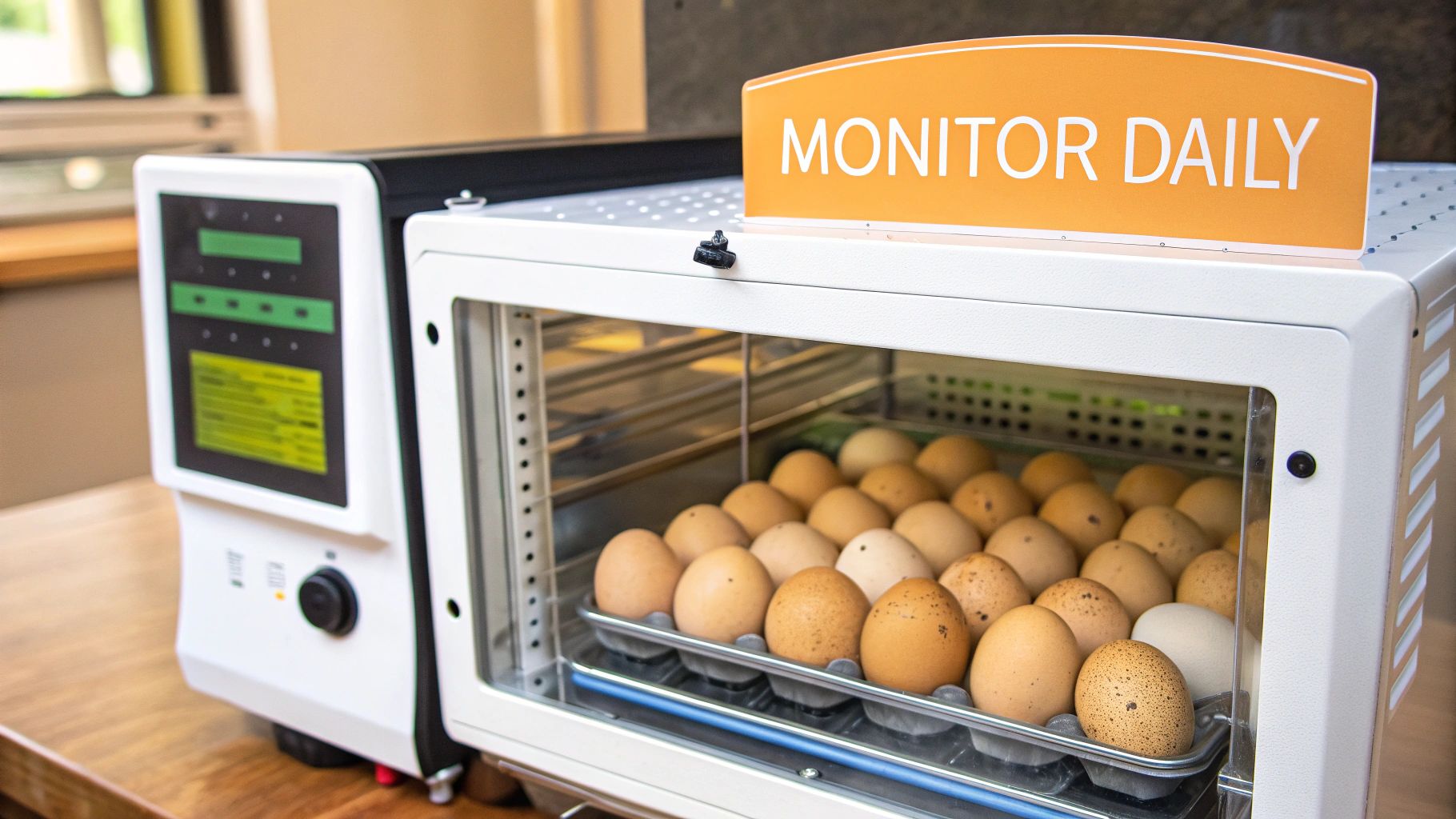 A digital thermometer showing a stable temperature reading inside an egg incubator filled with eggs