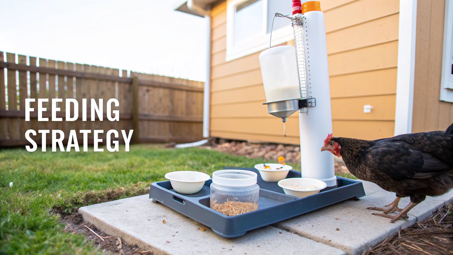 A black chicken stands near an automatic feeder and bowls, showcasing a feeding strategy.