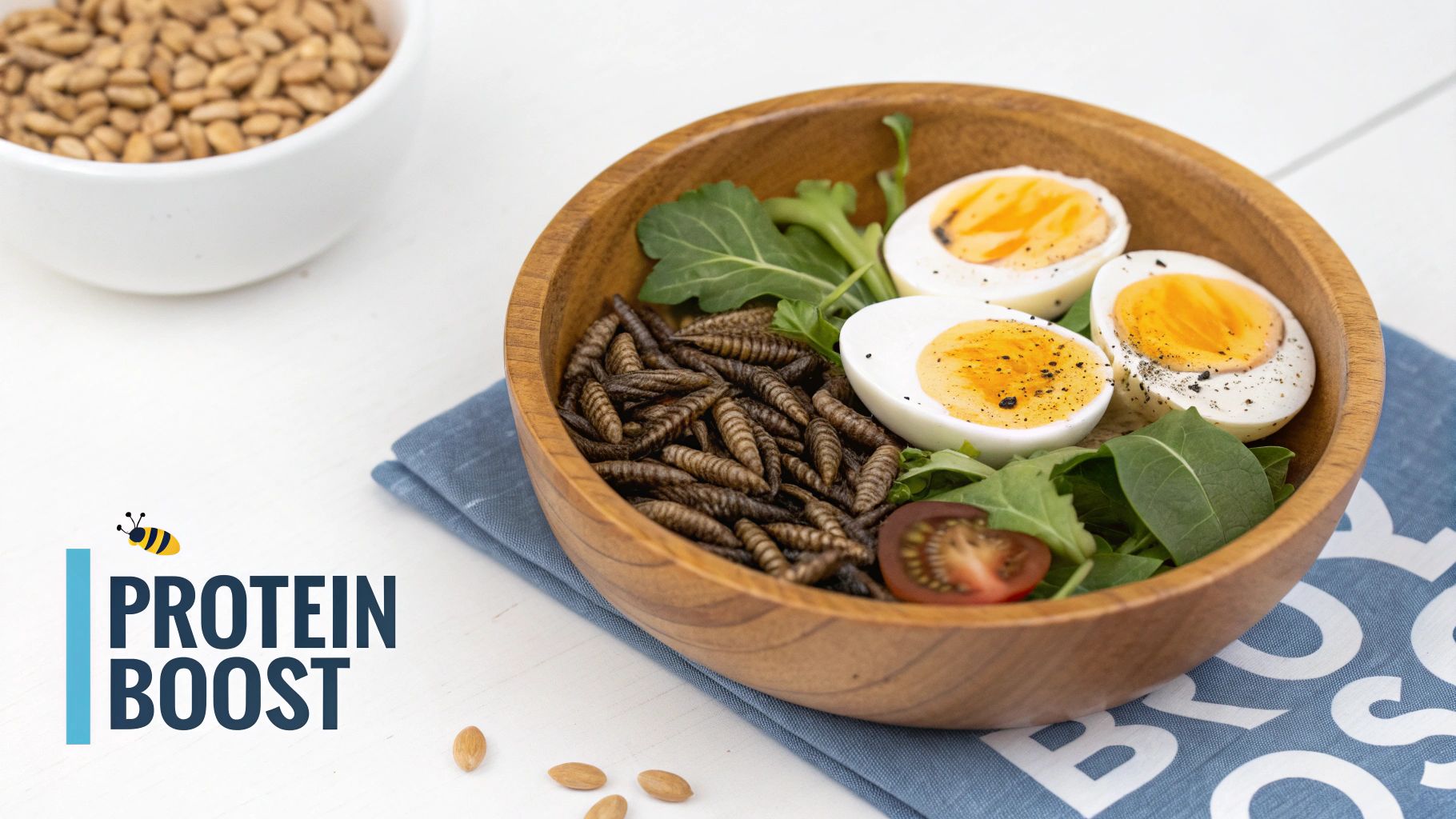 A wooden bowl of protein-rich hen feed with hard-boiled eggs, insect larvae, greens, and seeds.