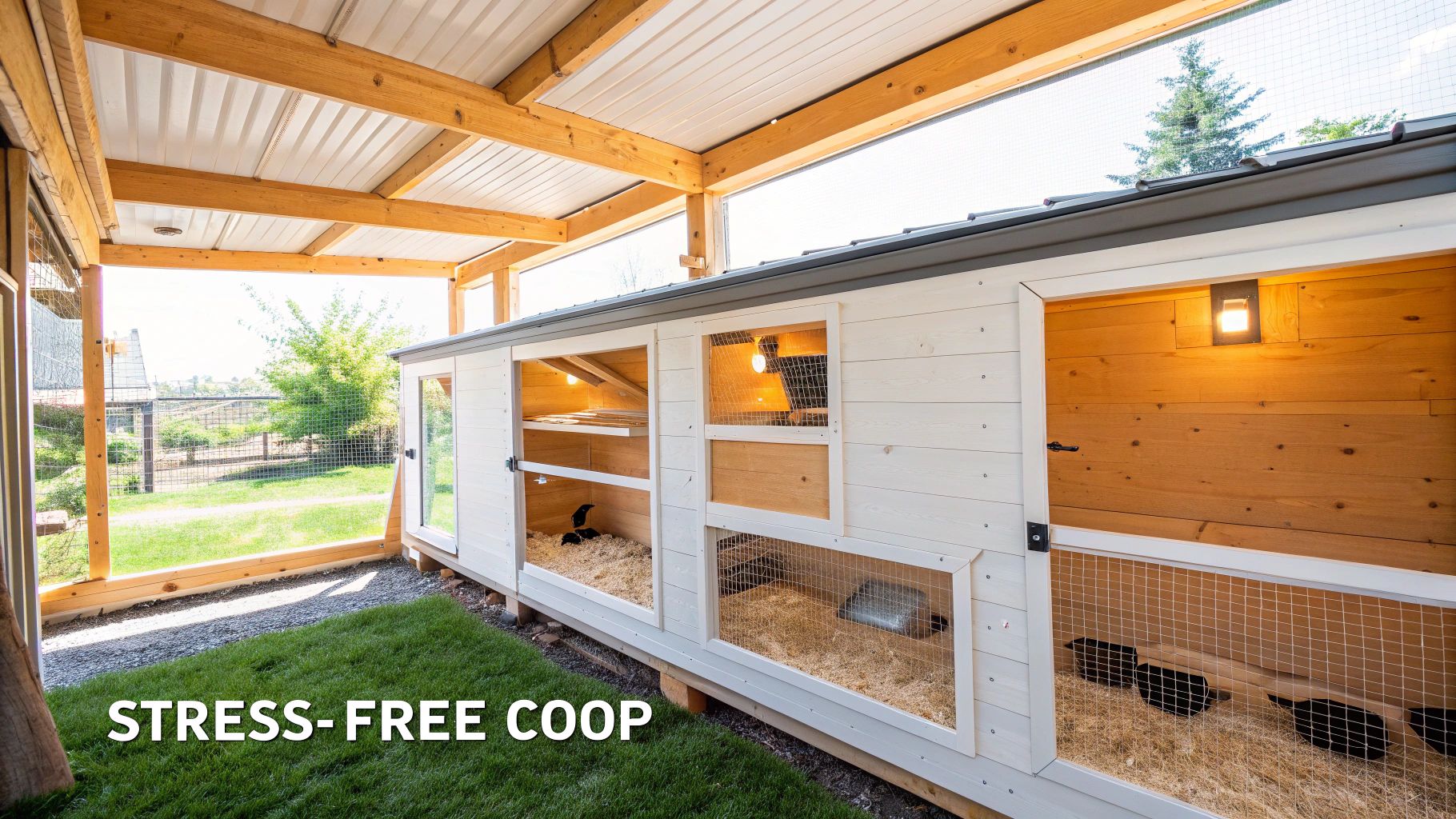 A clean and well-maintained chicken coop with fresh straw and accessible nesting boxes.