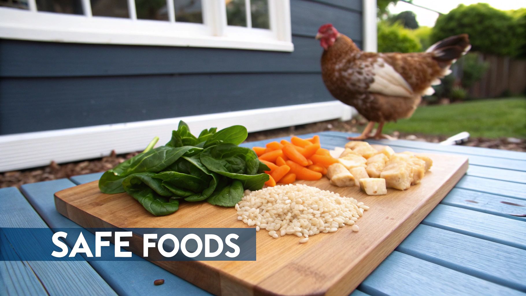 Various safe foods like spinach, carrots, rice, and cooked vegetables on a board, with a chicken in the background.