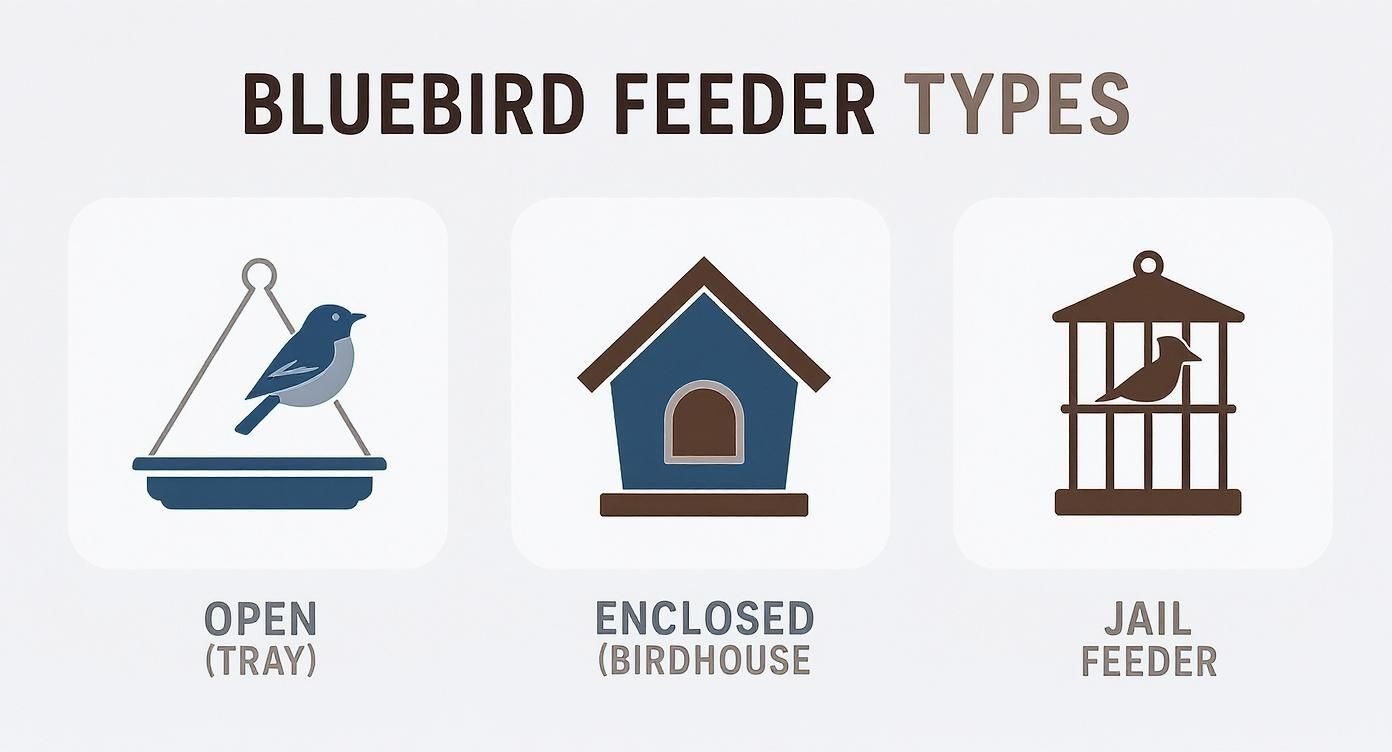 Illustration showing three common bluebird feeder types: open tray, enclosed birdhouse, and jail feeder.