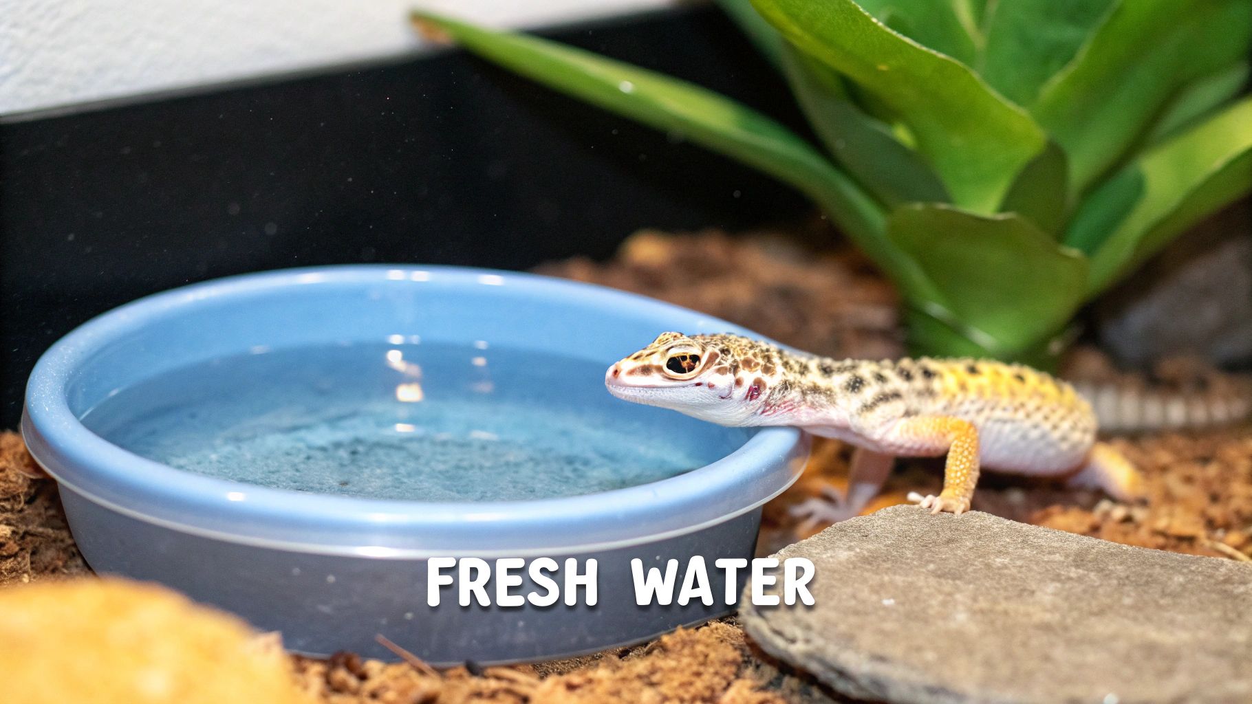 Leopard gecko drinking from blue water dish in terrarium with fresh water supply